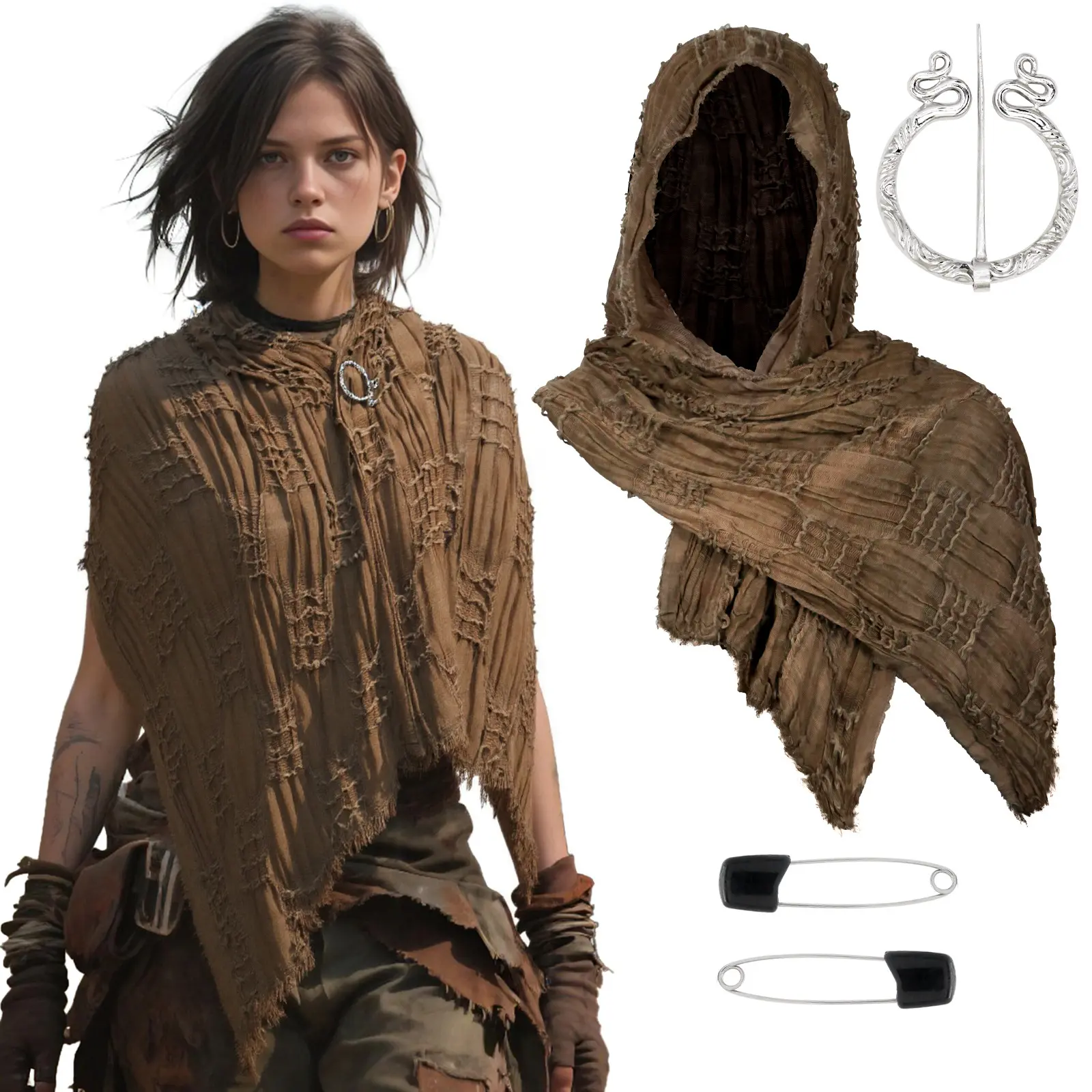 Effortless Hooded Cowl Scarf Cloak Set Distressed Textured Shawl Wrap Vintage Silver Brooch Pin Fastening Pins Halloween Medieval Renaissance Wasteland Cosplay
