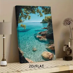 1 piece of 2D flat high-definition print, framed canvas poster with seaside scenery, blue ocean clear as crystal paired with rocks and green trees, framed canvas painting and poster, ready to hang, home decoration, wall art, room decoration, ideal gift fo