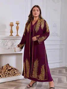 Women's Plus Size Abaya Open Front Kimono Cardigan, Luxury Gold Leaf Embroidery Chiffon Kaftan Cover Up, Burgundy Long Maxi Outerwear for Party Wedding, NO INNER DRESS CXD29