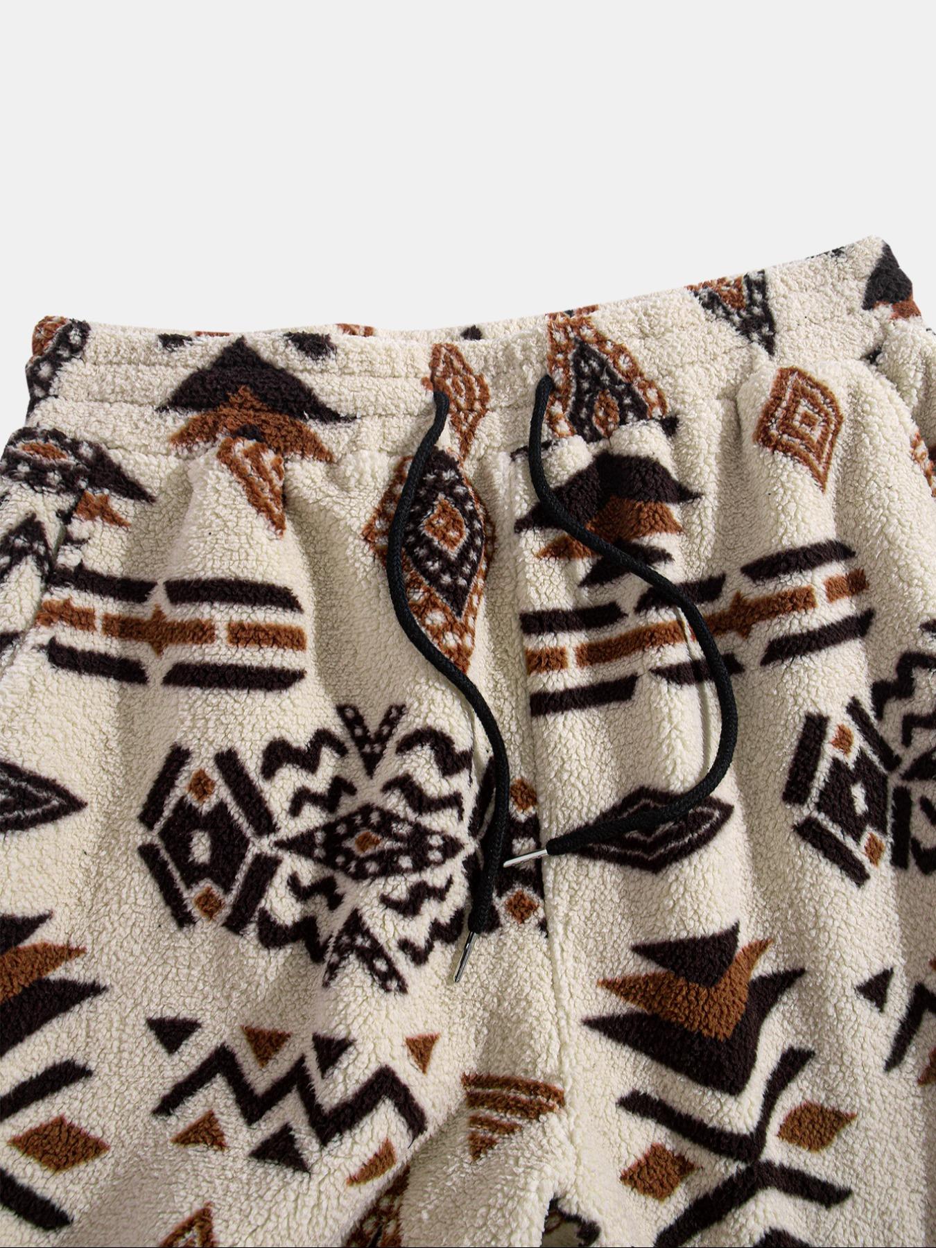 Men's Random Ethnic Pattern Drawstring Waist Thermal Pants, Loose Casual Pocket Design Bohemian Street Trousers for Fall & Winter, Men's Bottoms for Daily Wear