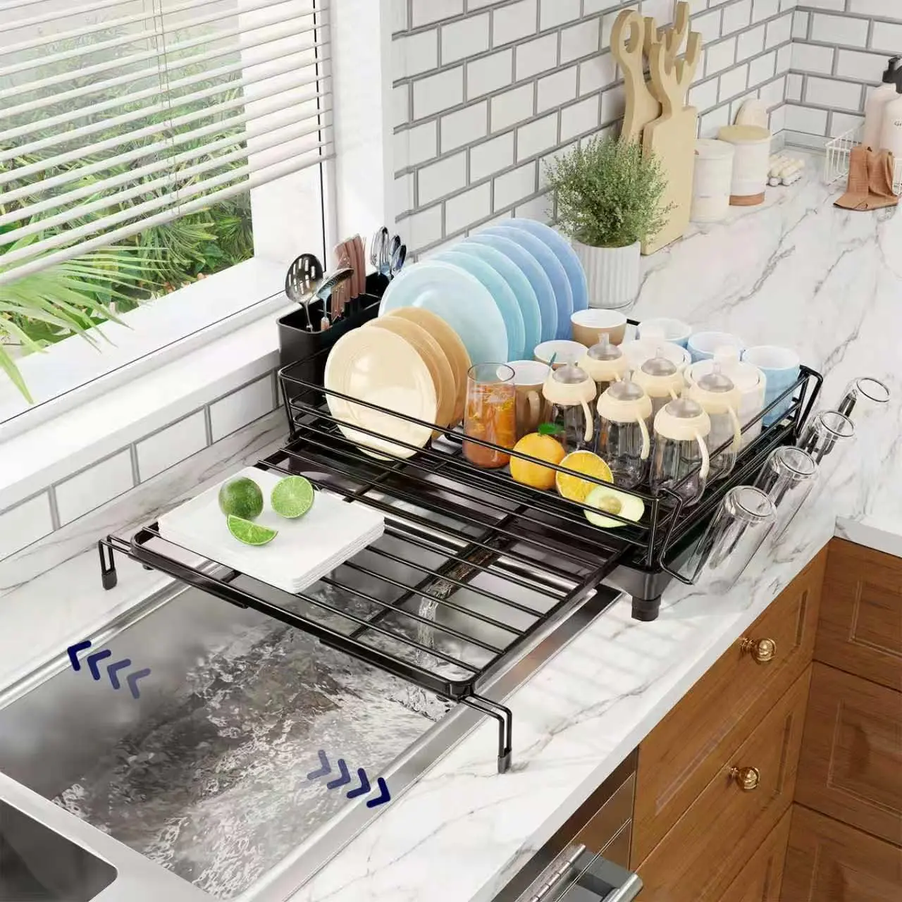 Dish Drying Rack - Expandable Dish Rack for Kitchen Counter, Large Capacity Dish Drainer, Stainless Steel Dish Strainer with Utensil & Cup Holders, Black