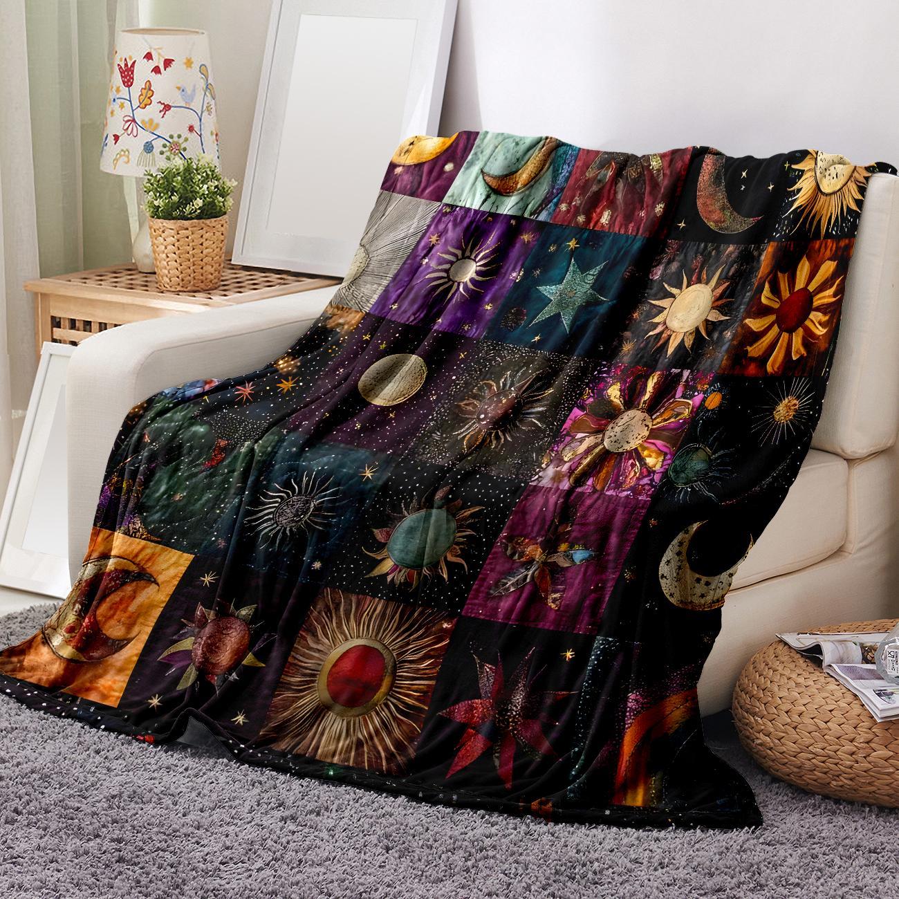 Star & Moon Pattern Soft Comfy Blanket, 1 Count Lightweight Soft Comfortable Throw Blanket, Soft Cozy Blanket, Cool Bedroom Bedding Blankets, Warm Napping Blanket for Home Office Travel, Cosmic Blanket