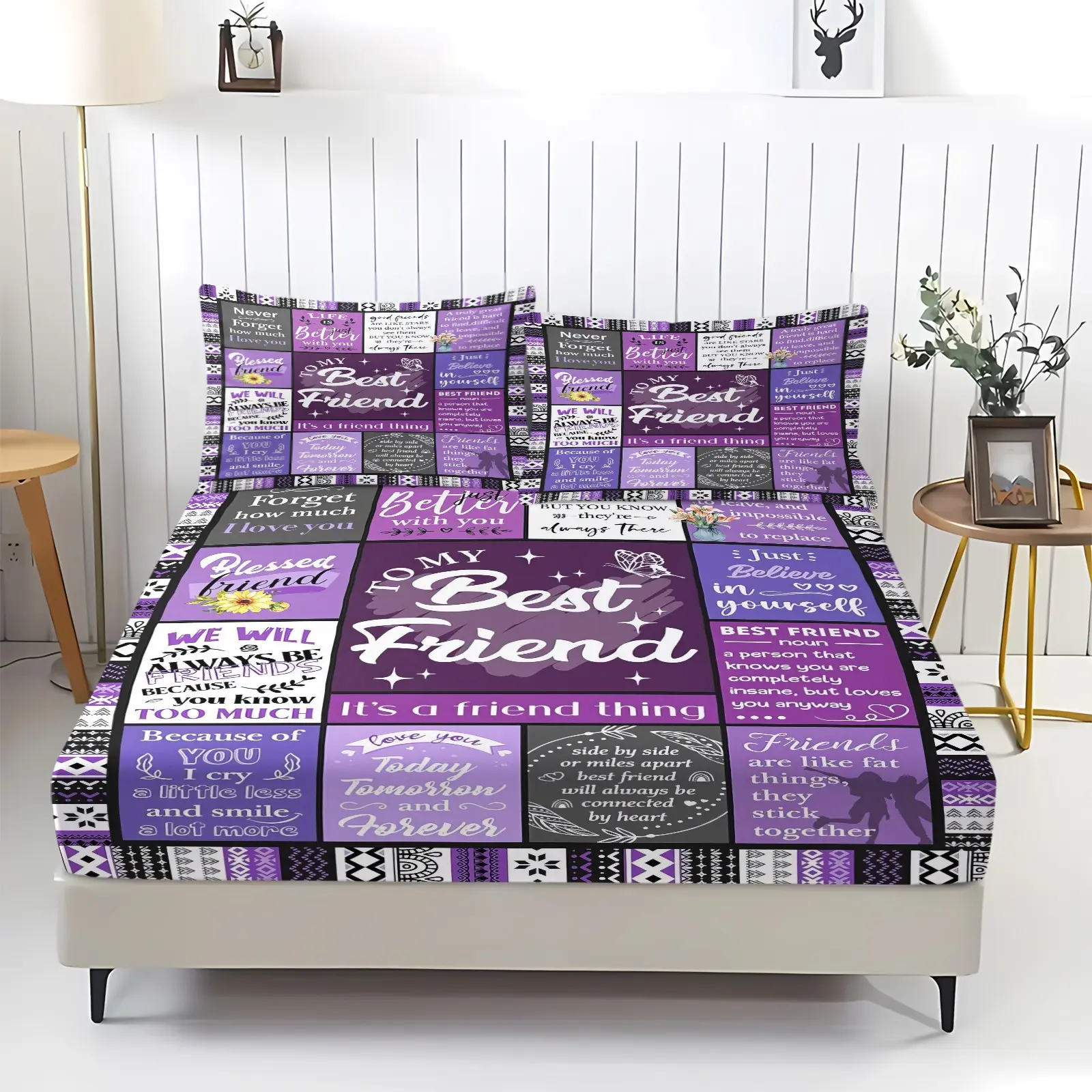 Purple Best Friend Quote Fitted Sheet Set, Bed sheet set, Digital Print Butterfly Sunflower Bedding, Soft Breathable Deep Elastic Pocket, Machine Washable, Includes 2 Pillowcases - without Core, Friendship Gift Bedroom Decor