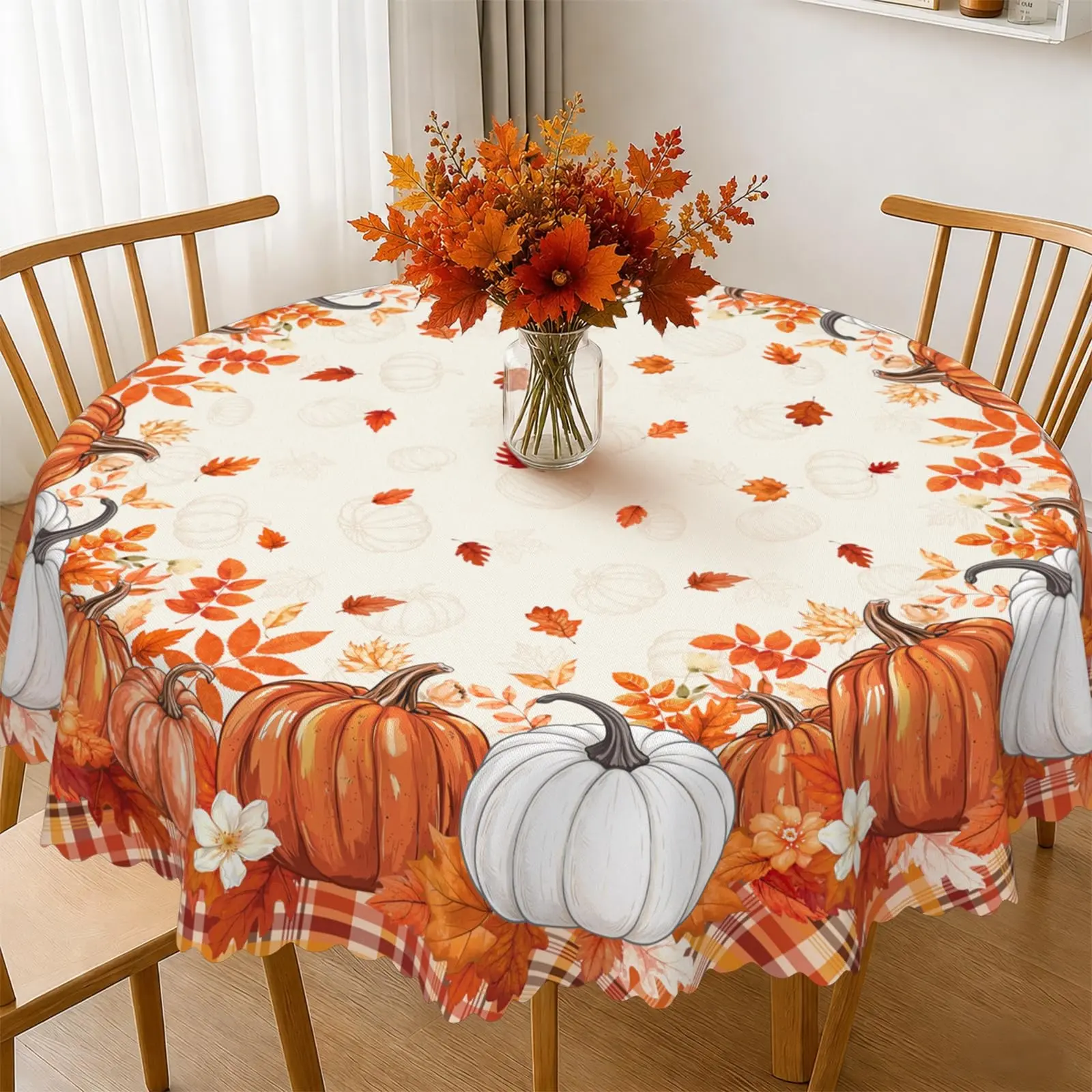 Autumn Round Tablecloth, Pumpkin Maple Leaf Design, Thanksgiving Dining Decor, Suitable for Round Tables, Kitchen, Parties, Picnics, Harvest Farmhouse Decoration