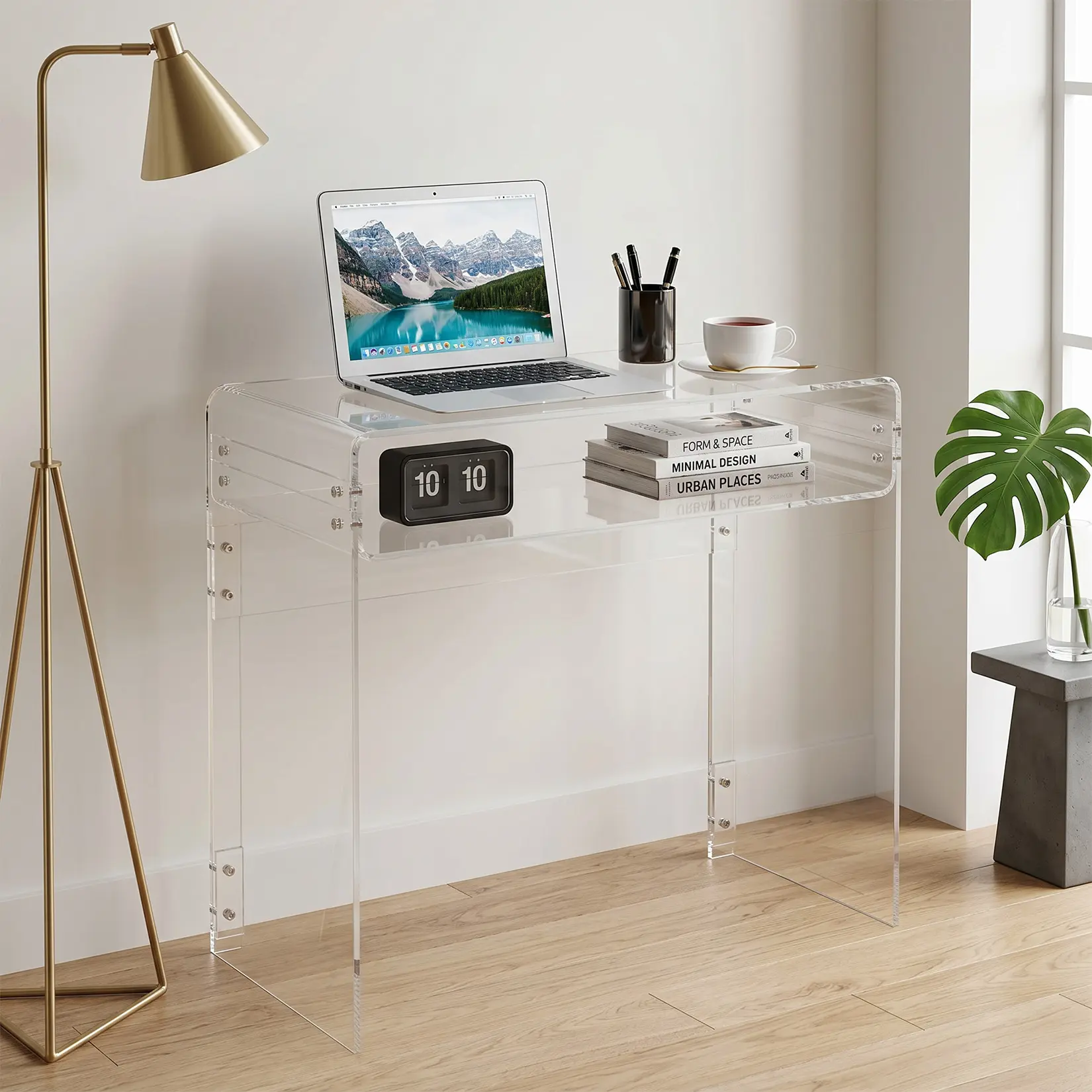 Acrylic Computer Desk – 33.5" Transparent, Built-in Shelf – Space-Saving, Minimalist – for Small Spaces/Dorms – Home Office Vanity – Easy Assembly
