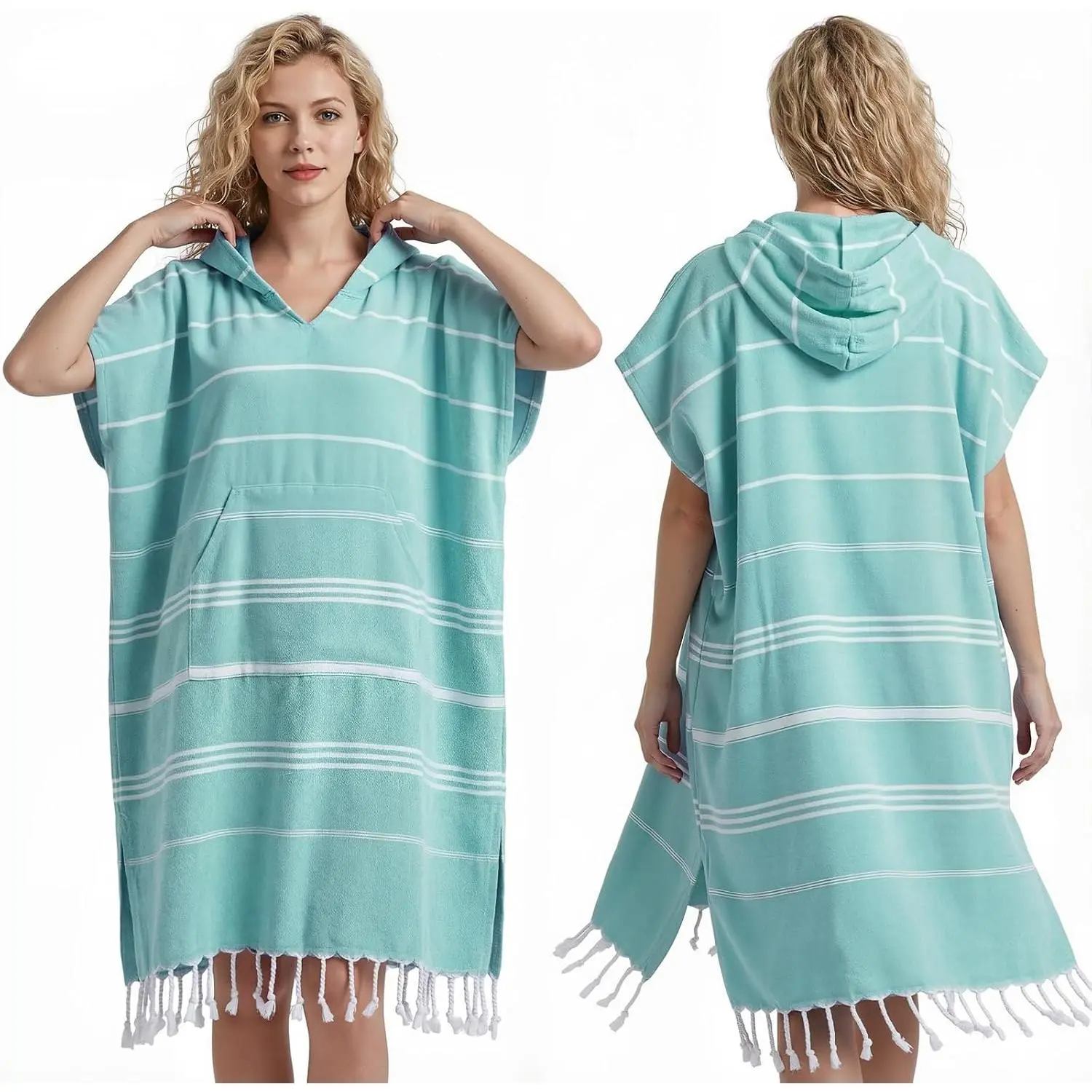 1 Pcs Large Turkish Towel Poncho Cotton Surf Poncho 47 x 71 Inch Hooded Changing Towels Wearable Beach Towel Swim Robe with Pocket for Adult Men Women Summer Beach Pool (Mint)