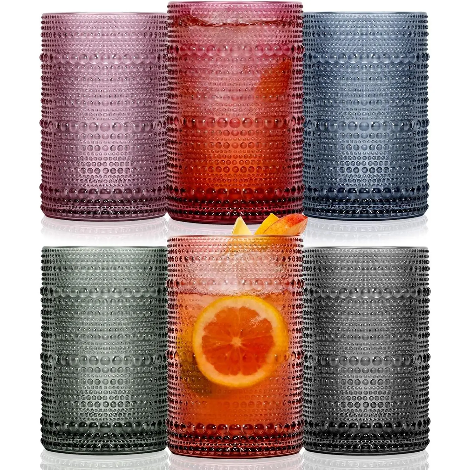 Colored Hobnail Drinking Glasses Set of 6, 12oz Vintage Kitchen Glassware, Embossed Design Water Glasses, Glass Cups, Water Tumbler for Beer, Juice, Cocktail, Whiskey, Milk