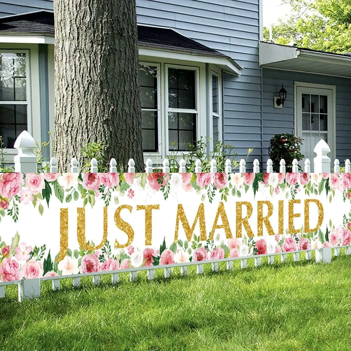 Just Married Wedding Backdrop Wedding Banner with 118 X 19.7 inch, Floral Bridal Shower Backdrop Banner Sign for Bridal Shower Wedding Engagement Party Decorations Photography Background