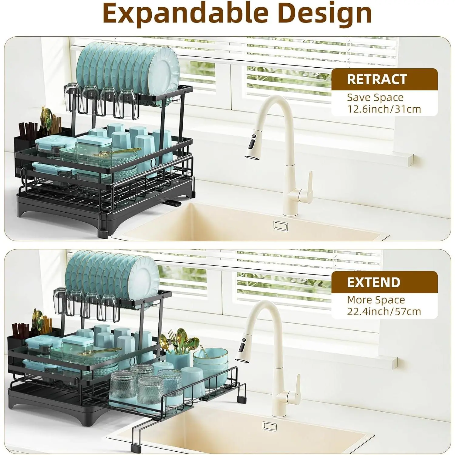 AULEEP 2-Tier Rectangular Dish Drying Rack, Functional Countertop Use Organizer with Flexible Layout, Rustproof Storage Shelf, Cup Holder, Utensil Caddy & Drying Mat