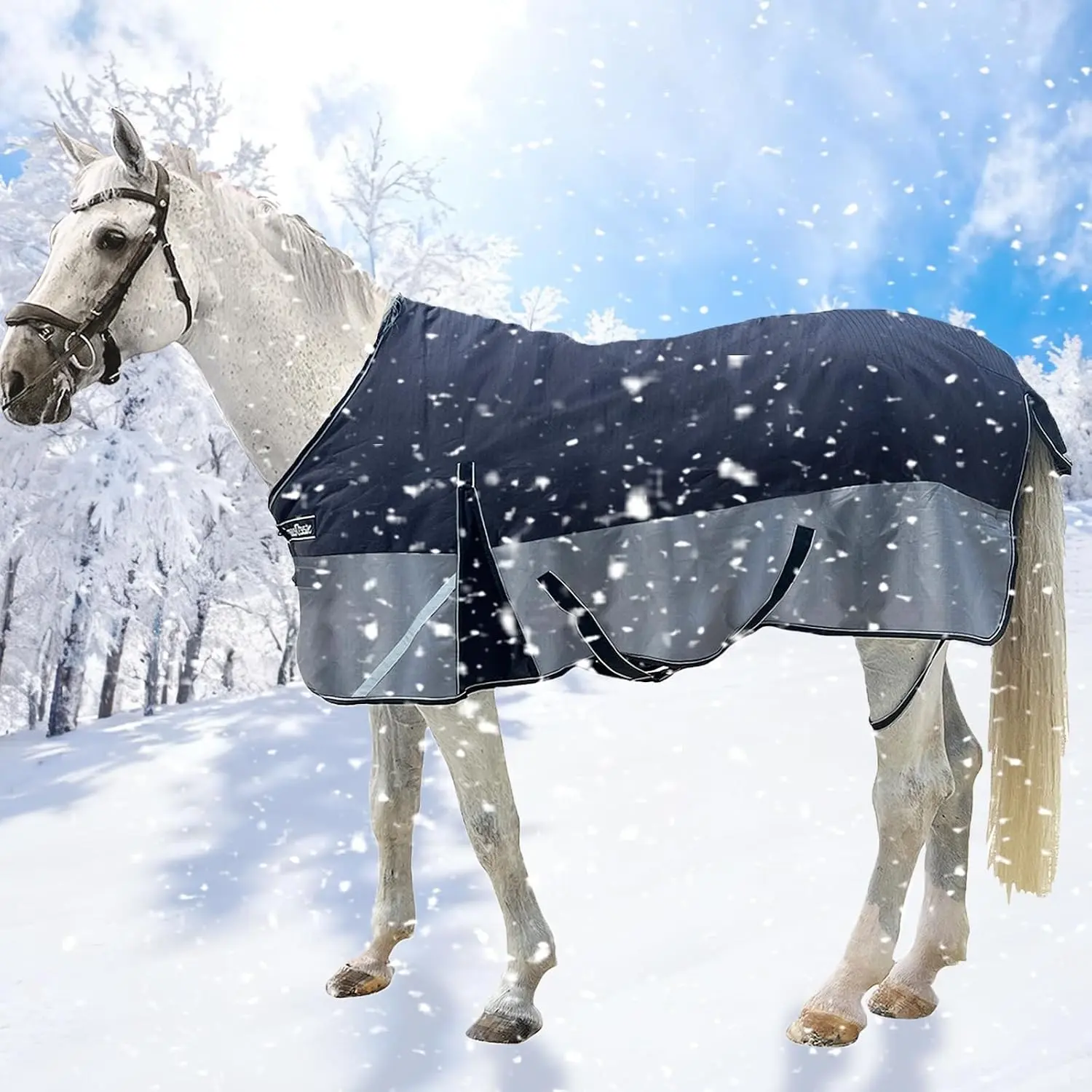 1200D 300g Heavy Weight Horse Blanket Waterproof and Medium Fill,Horse Turnout Rug for Real Horses, with Reflective Strips Design (Black/Gray 300g Fill, 81'')
