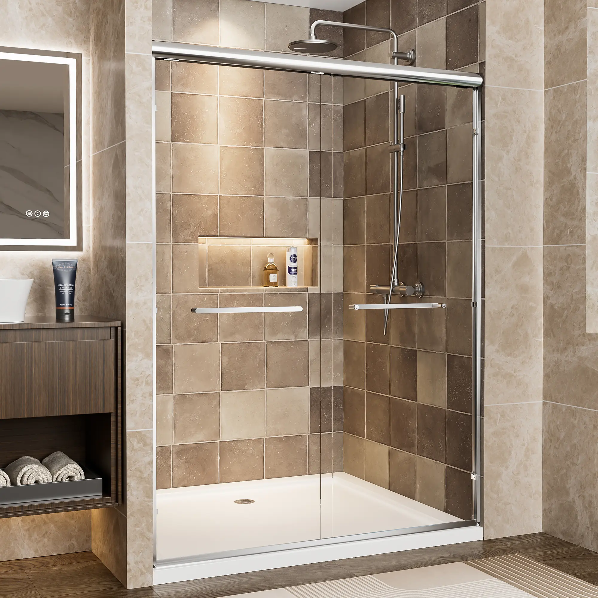 ARCH 50-54 Inch W x 72 Inch H Double Sliding Shower Door with 1/4 Inch Clear Tempered Glass, Chrome Aluminum Frame, Dual Stainless Steel Handles, Explosion-Proof Film, Modern Bathroom Shower Enclosure for Walk-In Shower, Bathroom Shower Door
