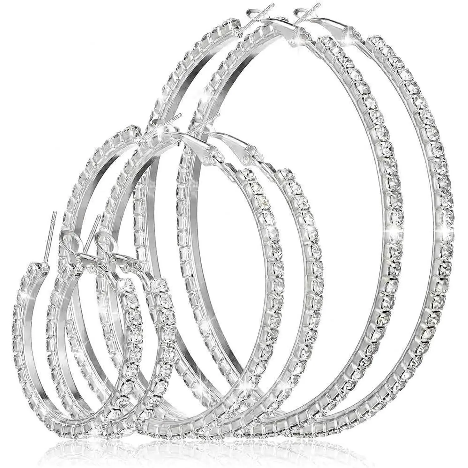 Women's Multi-Size Metal Rhinestone Bling Hoop Earrings Set - Shiny for Party, Wedding, Daily Wear