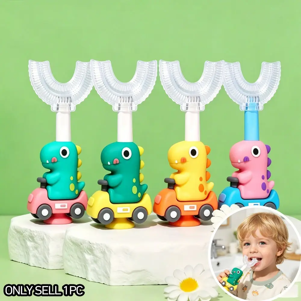 Cartoon Dinosaur Toothbrush, Full Mouth 360° U-Type Brush with Stand, Soft Gentle Food Grade Silicone, Oral Cleaning Tool for Kids 3-6 Years