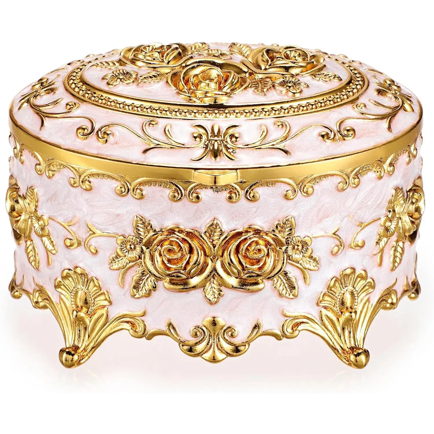 Vintage Metal Jewelry Box - Oval Trinket Organizer Ring Box Case | Jewelry Storage Box with Rose Pattern for Ring Earrings Necklace, Gift for Women