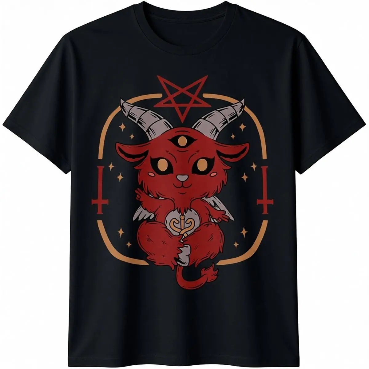 Men's Cute Baphomet Graphic 100% Cotton Short-Sleeve Crewneck Tee, Goth Streetwear Casual Top with Double Stitching, Classic Menswear