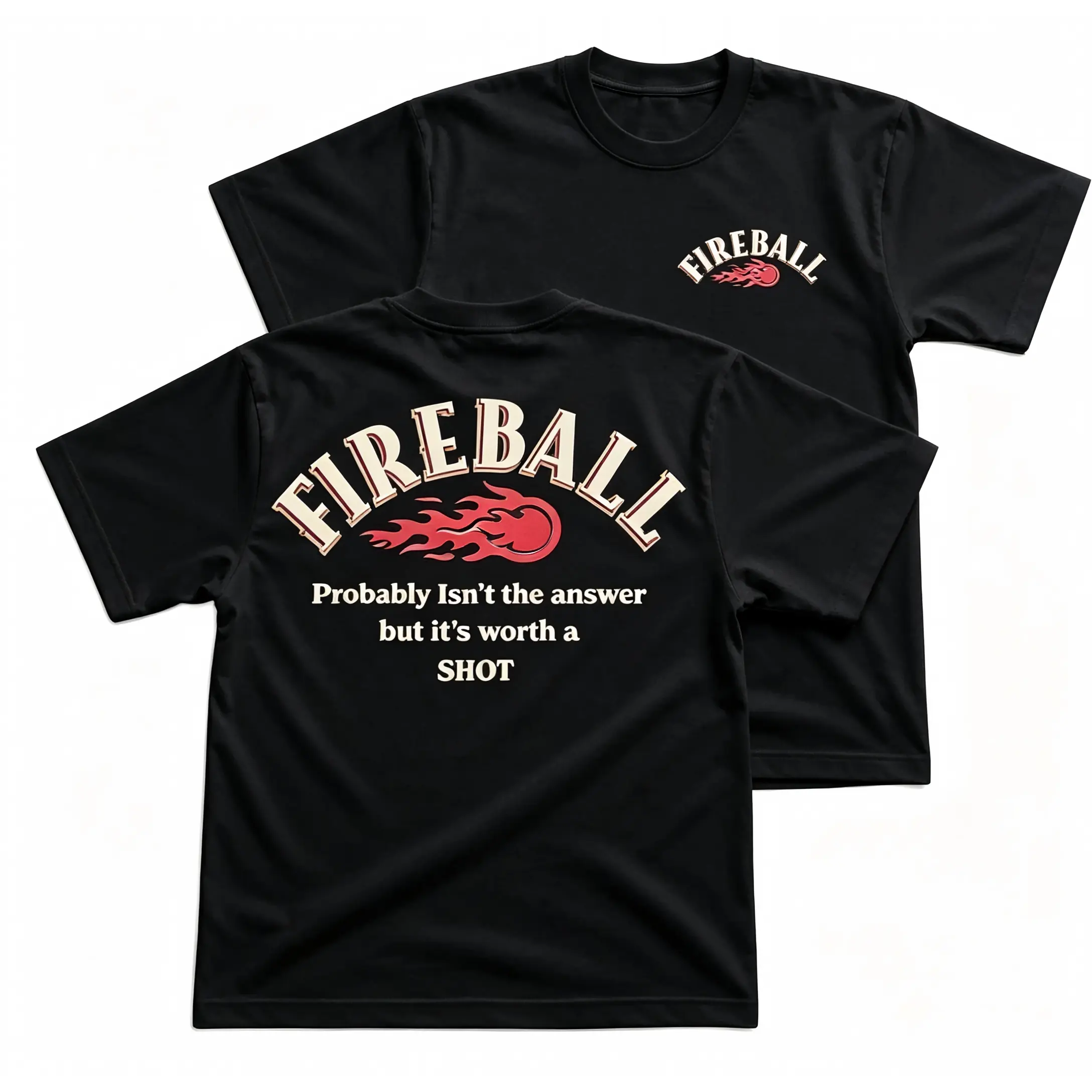 Fireball Worth A Shot Party T-Shirt, Funny Drinking Graphic Tee, Flame Logo Back Print Shirt, Front Chest Fireball Logo Tee, White Weekend Bar Apparel, Casual Humor Gift For Men Women