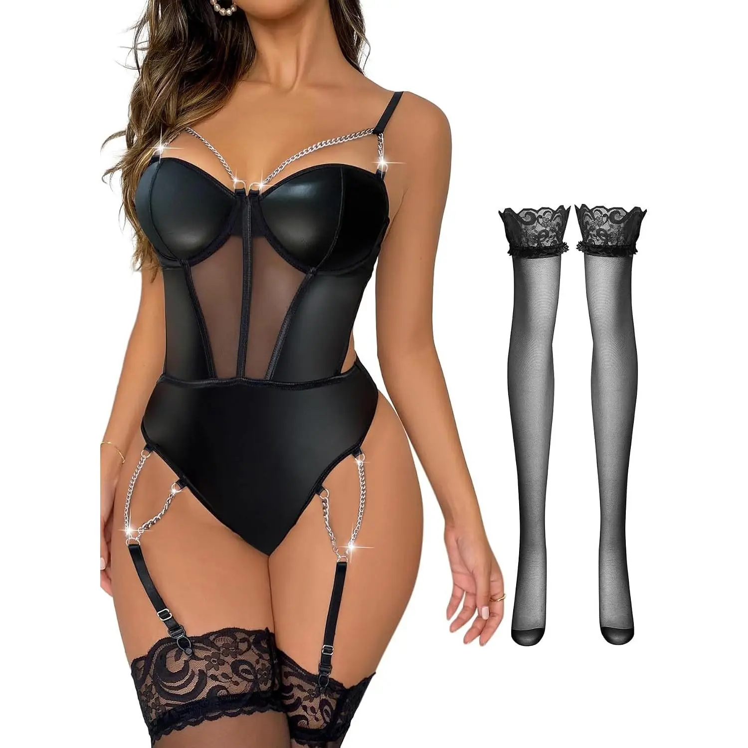 Sexy Stocking Strappy Garter Underwire Mesh Babydoll Teddy Bodysuit Lingerie