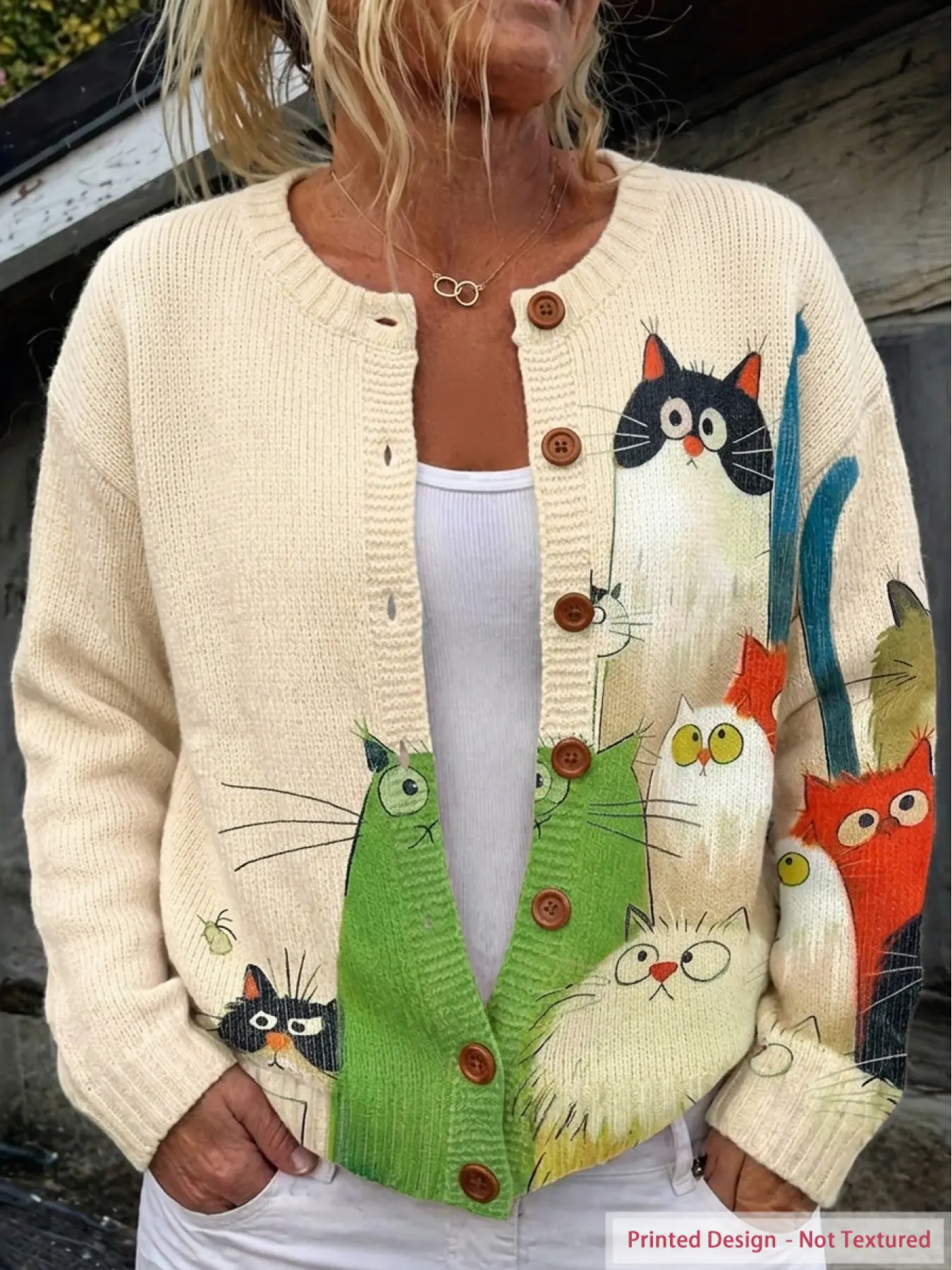 Women's Versatile Casual Patterned Knit Cardigan Sweater, Ribbed Round Neck, Long Sleeves, Wood Buttons, Loose All-Season Fit, Knitwear