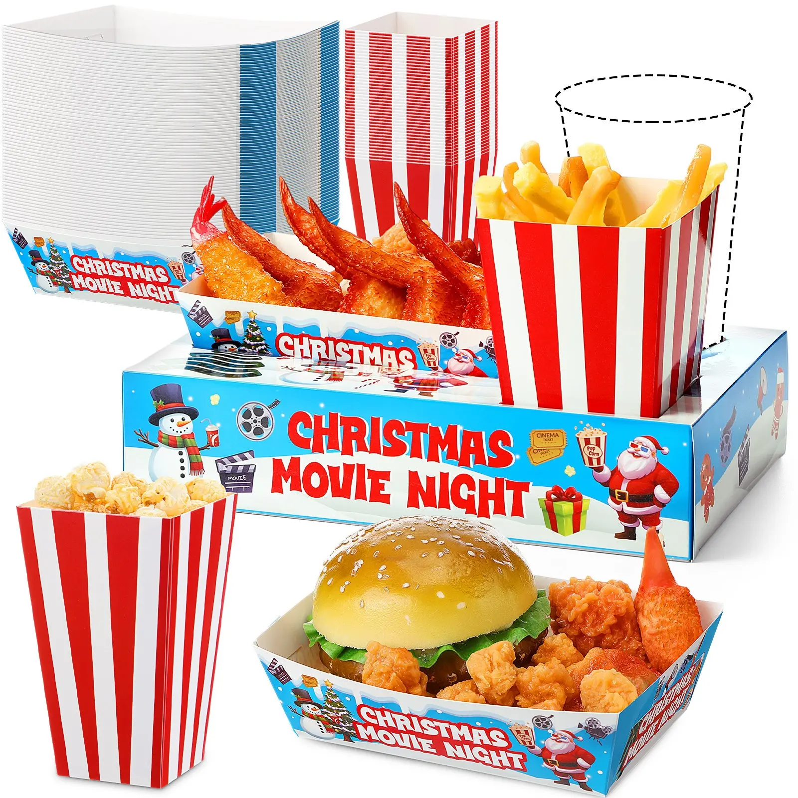 36 Sets Movie Night Snack Trays Popcorn Boxes Cardboard Popcorn Buckets Containers Food Trays for Theater Party Decorations (Christmas Movie Night)