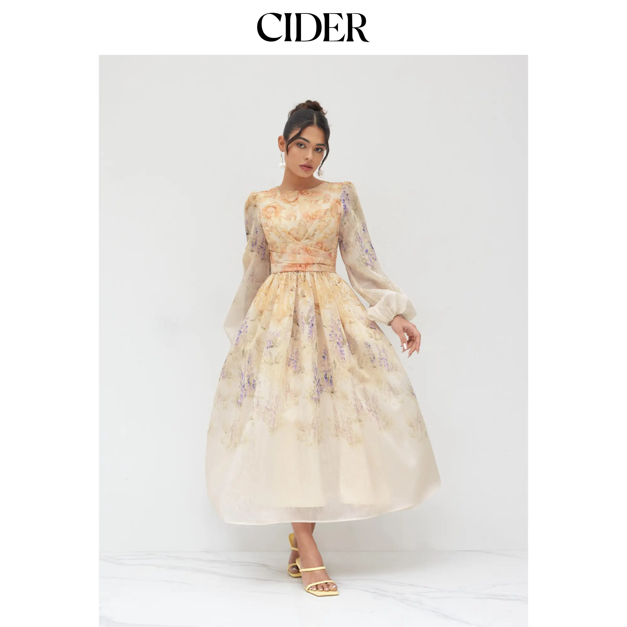 Cider Cotton Floral Pleated Maxi Dress