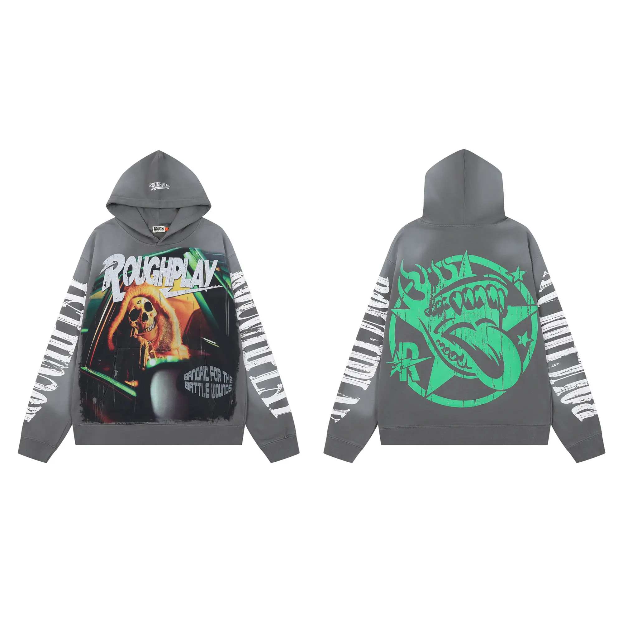 RoughPlay Vintage Streetwear Hoodie, Hotfix Rhinestone Accent, HD Digital Graphic Print, 100% Pure Cotton Oversized Unisex Pullover Sweatshirt, Y2K Hip Hop Retro Outerwear, Coachella, Spring Break, Halloween Outfit