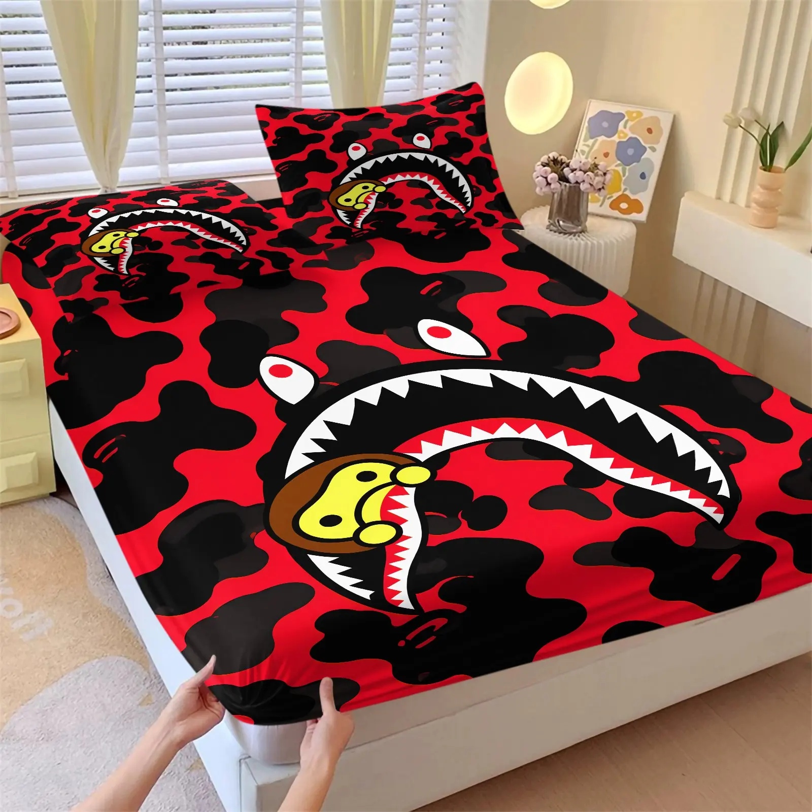 3PCS Bold Red Camo Shark Graphic Ape Pattern Fitted Sheet Set (1 Fitted Sheet + 2 Pillowcases), Ultra Soft Breathable Skin Friendly Fabric, Stretch Deep Pocket, Bedroom Decor Accessories, Modern Trendy Room Decor For Youth Bedroom, Breathable Soft Bedding