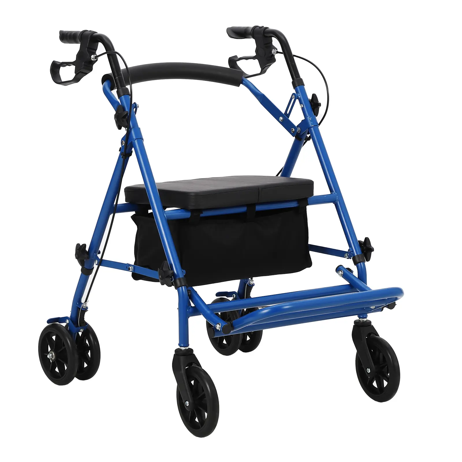2-in-1 Foldable Manual Wheelchair & Rollator Walker Aid Equipment, Iron Frame, 10-in Polyurethane Flat-Free Tires, Dual Hand Brakes, Cane & Cup Holders, 300 lb Weight Capacity, Caregiver Can Push While Rider Rests