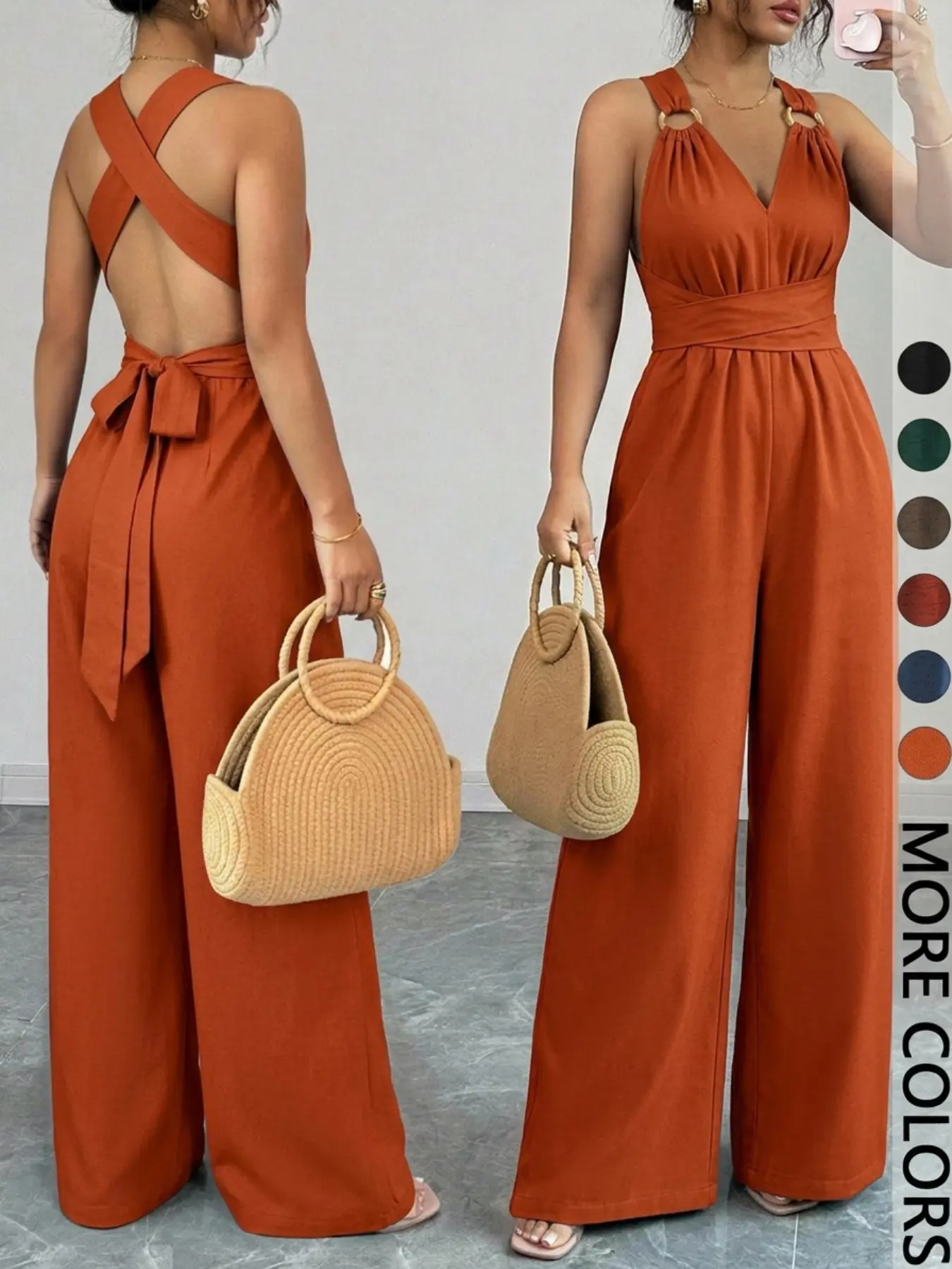 1 Piece Sleeveless V-Neck Adjustable Tie-Waist Wide-Leg Jumpsuit, Women's Jumpsuit, Casual Summer Vacation Wear Style, Adjustable Romper Jumpsuit