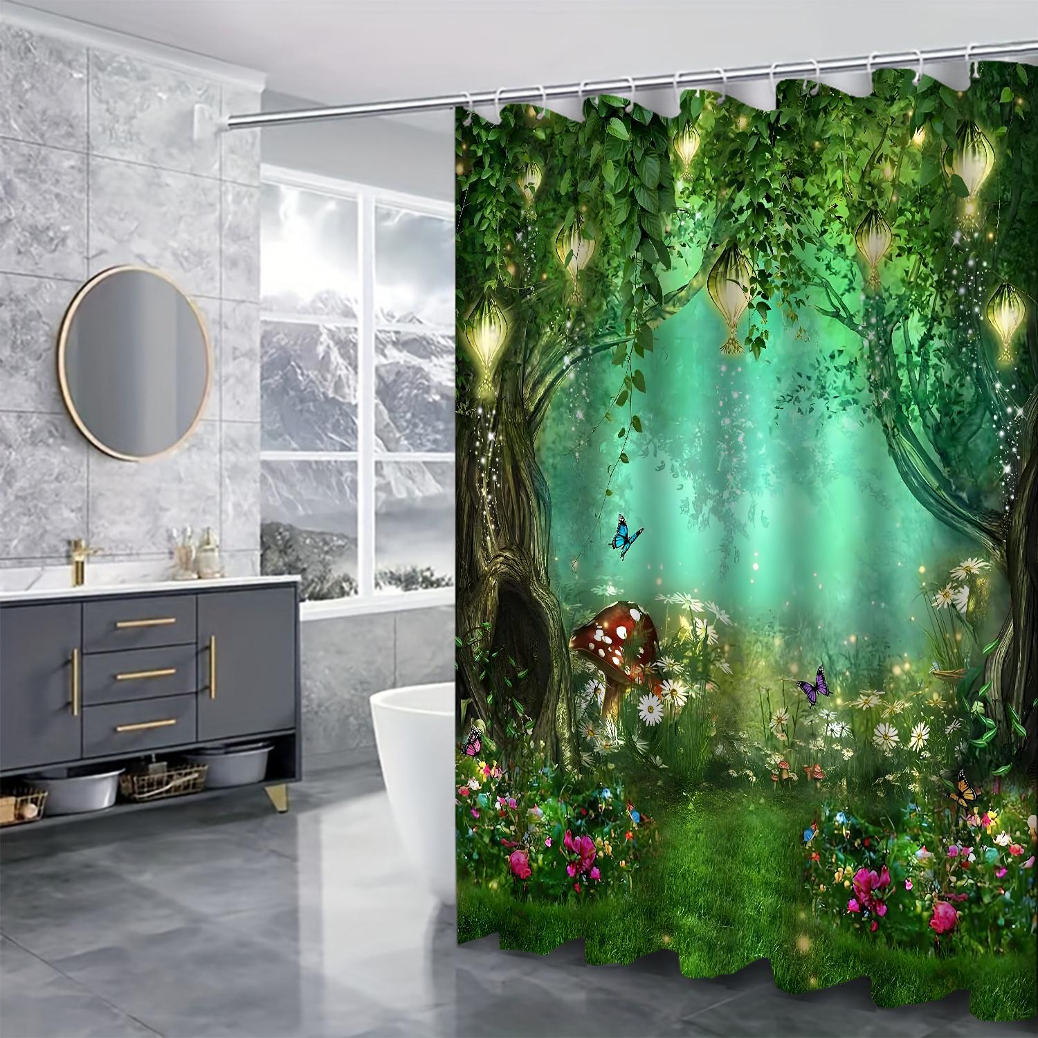 Forest Flowers Tree Pattern Shower Curtain Set, 1 Count Shower Curtain/4 Counts Shower Curtain & Toilet Mat & Bath Mat & Toilet Lid Cover Set, Bathroom Shower Equipment, Bathroom Decor Supplies for Home Dormitory Hotel Salon