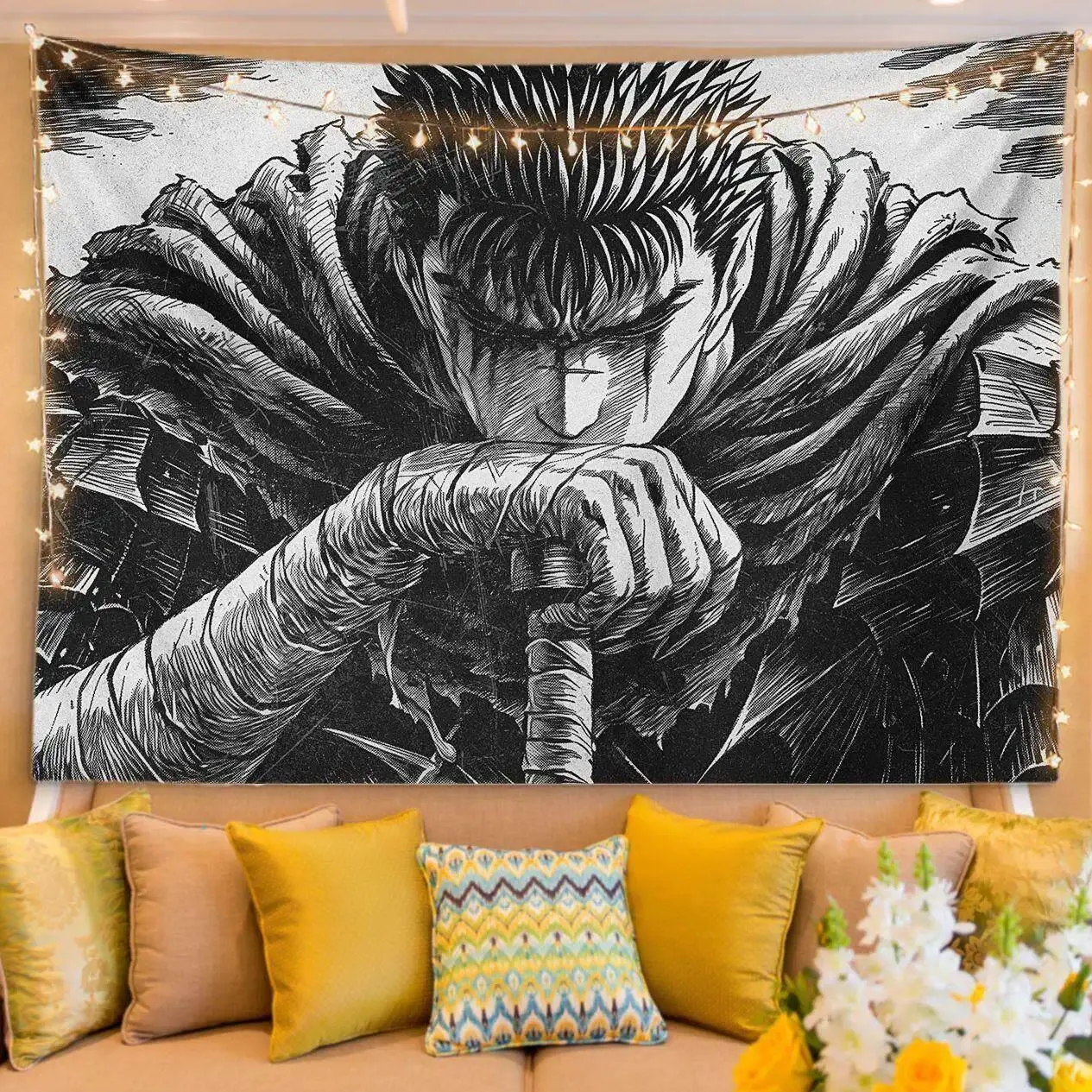 Berserk Anime Printer Watercolour Printed Tapestry Wall Hanging - Lightweight Wrinkle-Resistant Manga Art Wall Decor with Hanging Clips, Birthday-Ceremony Indoor Backdrop for Bedroom Living Room Home Supplies