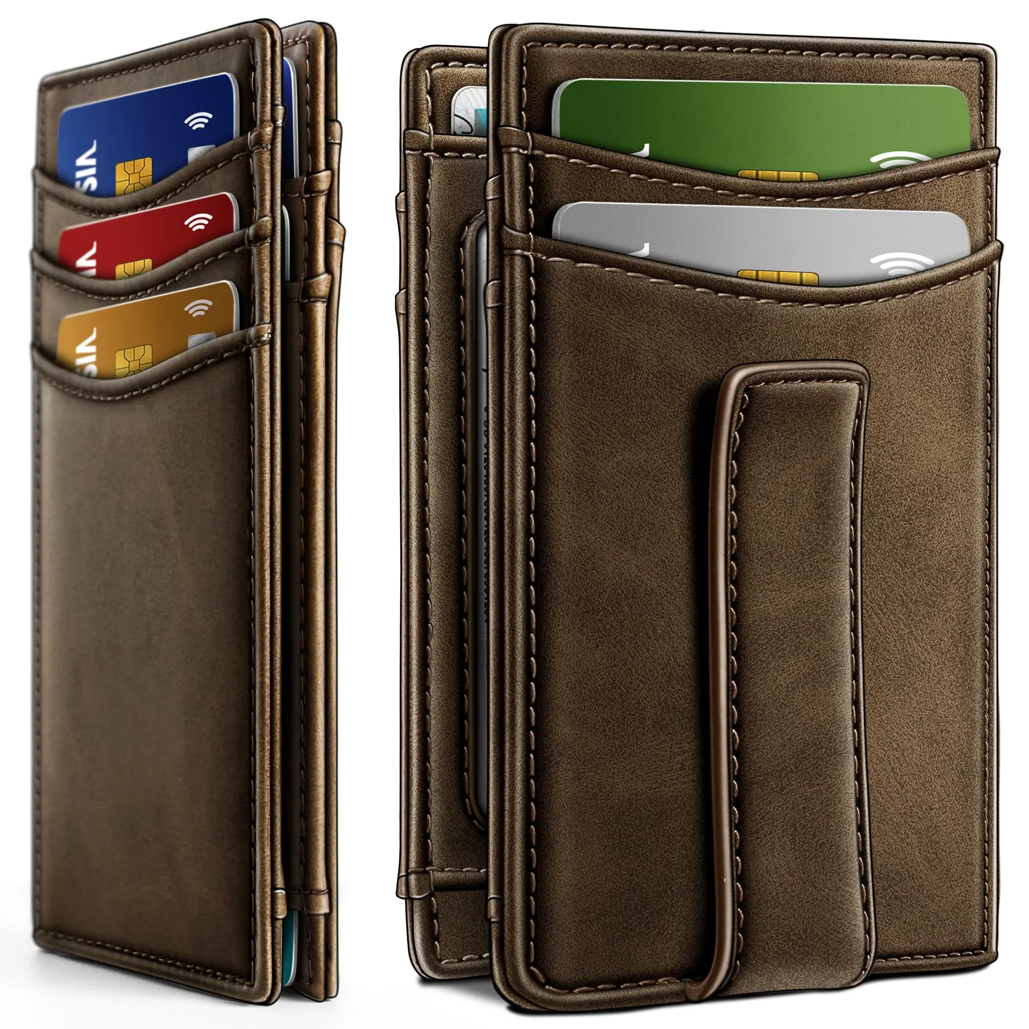 Men's Genuine Cowhide Leather Slim Wallet - Front Pocket, Magnetic Closure, Money Clip, RFID Blocker, 12-Card Capacity, Plain Stylish Design for Daily Use, Slim Fit