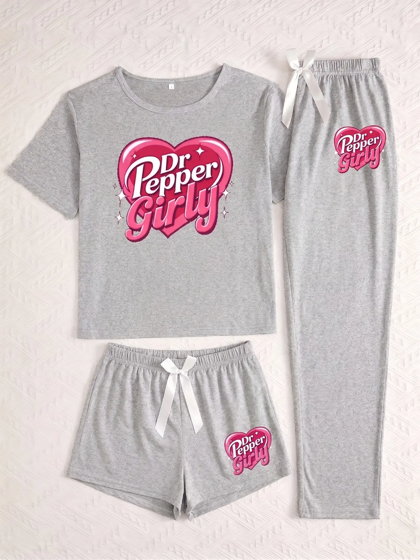 Women's Oversize Doctor Pepper Girl Themed Three-Piece Outfit, Cartoon Pattern Loose-Fitting Top, Shorts and Pants, Casual Style, All Seasons Home Wear
