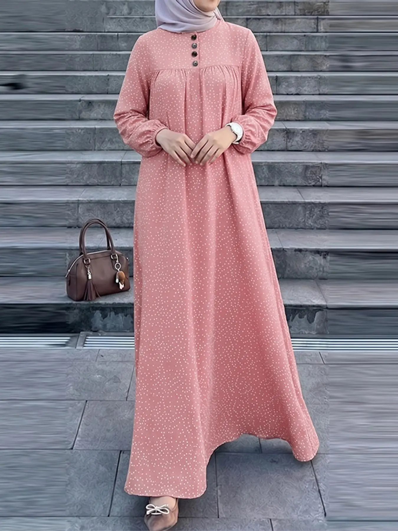 Women's Polka Dot Long Sleeve Long Dress, Casual Loose-Fitting, Spring & Fall Fashion, Perfect for Daily Wear, Comfortable and Stylish, Casual Muslim Clothing, Hijabi Cute Dresses