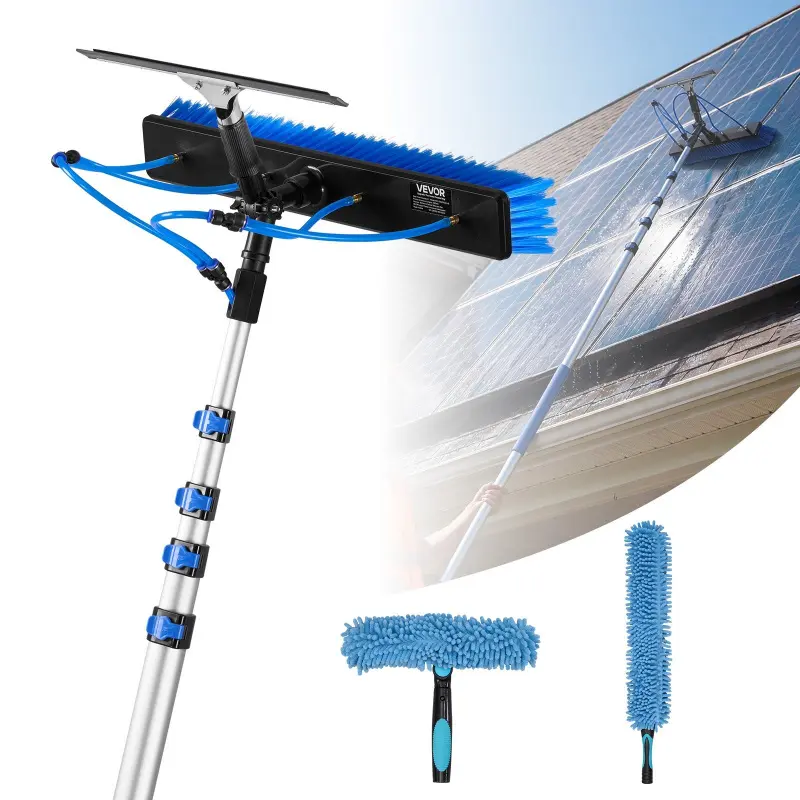 VEVOR Solar Panel Cleaning Kit Set, 26 ft Aluminum Alloy Extendable Pole Kit with Cleaning Brush, Squeegee, Soap Dispenser, Water Jets, 180° Rotating Head, for Roof Mounted Solar Panels