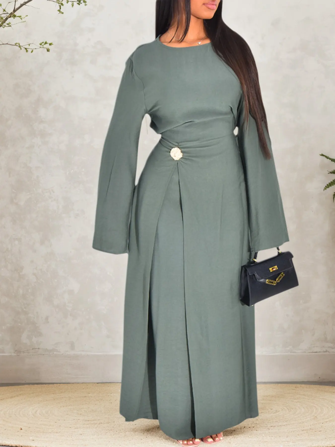 New Muslim Women's Pleated Texture Asymmetric Waist Long Dress, Plain Tight Fit, Metal Button Decor, Casual Abaya, Modest Style, All Seasons, Muslim Clothing, Muslim Dresses, Modesty Muslim Clothing, Modesty Wear, Muslim Women Gowns