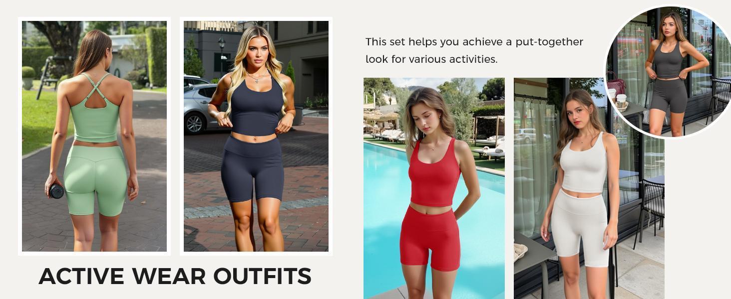 Imily Bela Womens 2 Piece Workout Sets Cross Back Padded Halter Tank Tops High Waisted Biker Yoga Shorts Gym Outfits