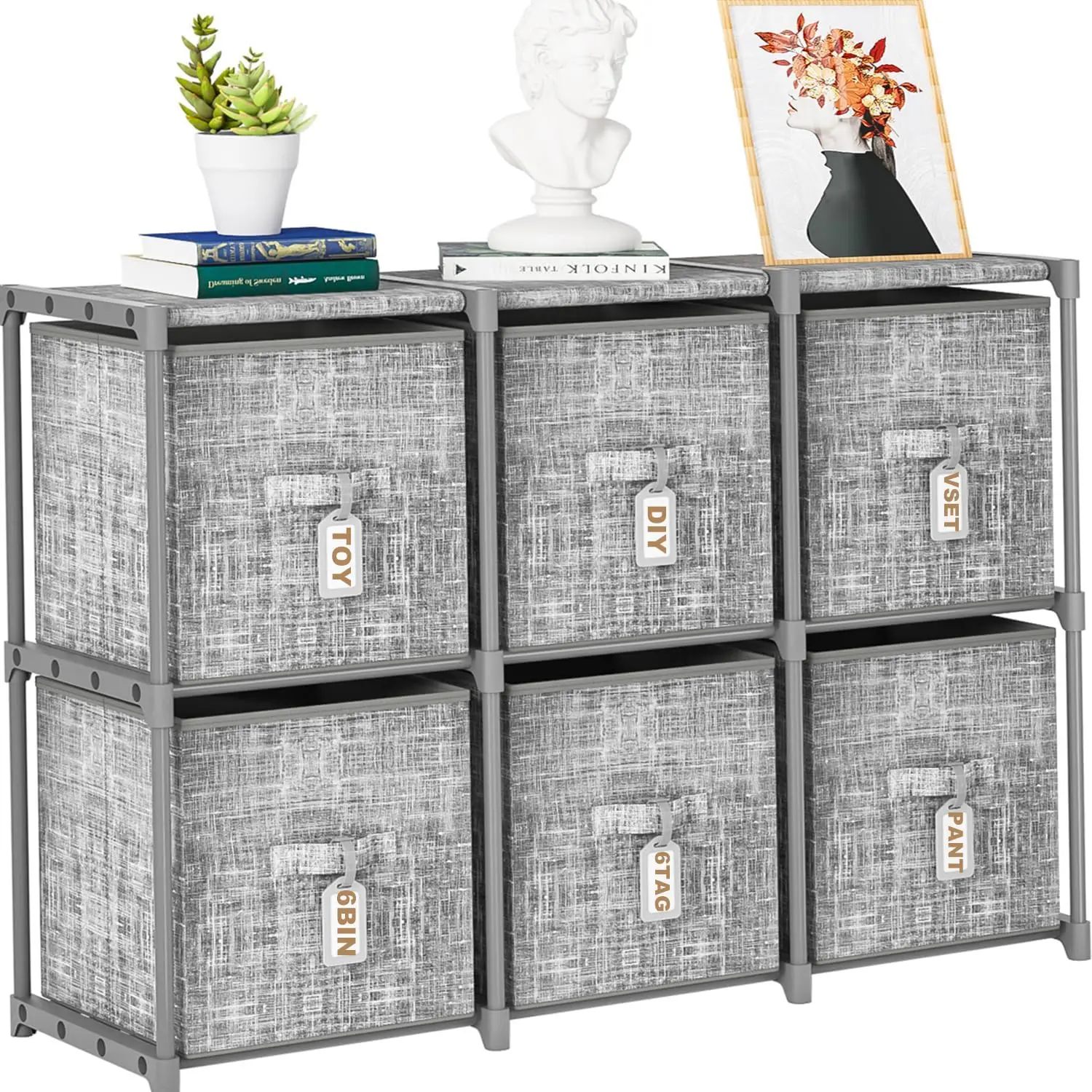 Cube Storage Organizer Shelf with 6 Printed Bins + Labels, Adjustable Modular Cubby Storage Organizer with Bins, Large Capacity Shelves for Storage,Closet, Living Room, Dorm, Yarn