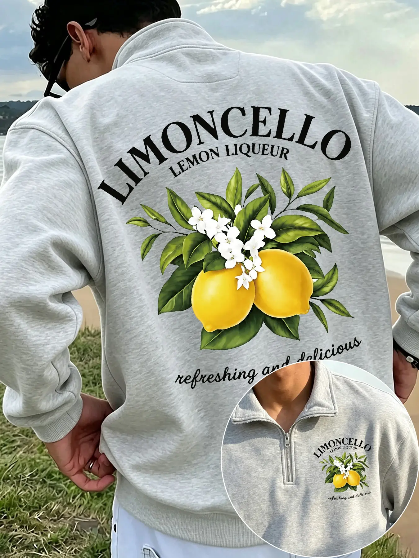 Men's Stylish Half-Zip Stand-Up Collar Sweatshirt, Retro Lemon Liqueur Lemon Floral Print Pullover, Soft Fleece Long-Sleeved Top, Suitable for Everyday Casual Wear and Beach Vacation Outfits.