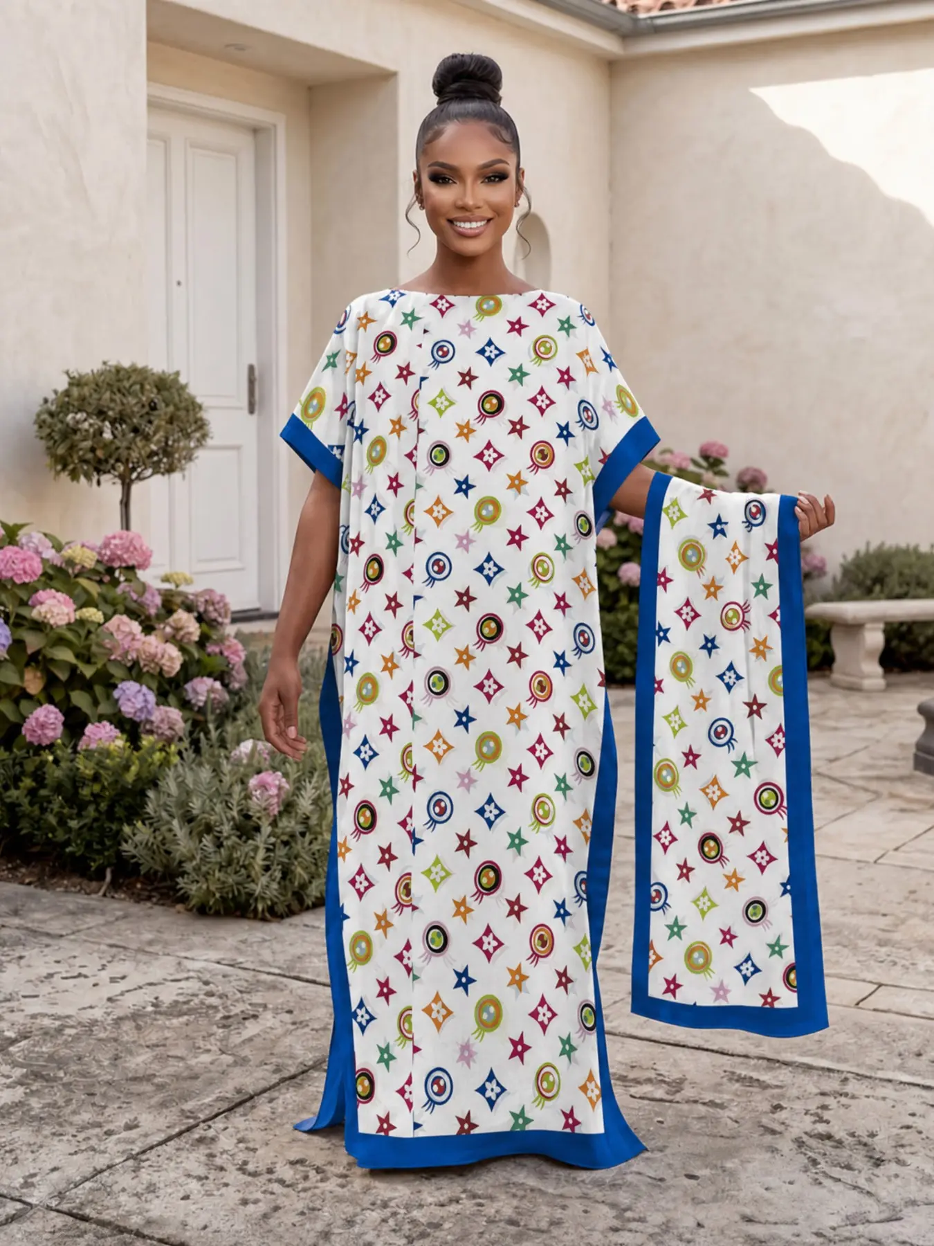 MOO MOO Women’s Geometric printed long dress and scarf set; Elegant Bohemian casual shawl dress with scarf; relaxed loose Summer beachwear; soft and comfortable; suitable for all seasons; a must-have for seaside vacations. Colorful Matching Outfit
