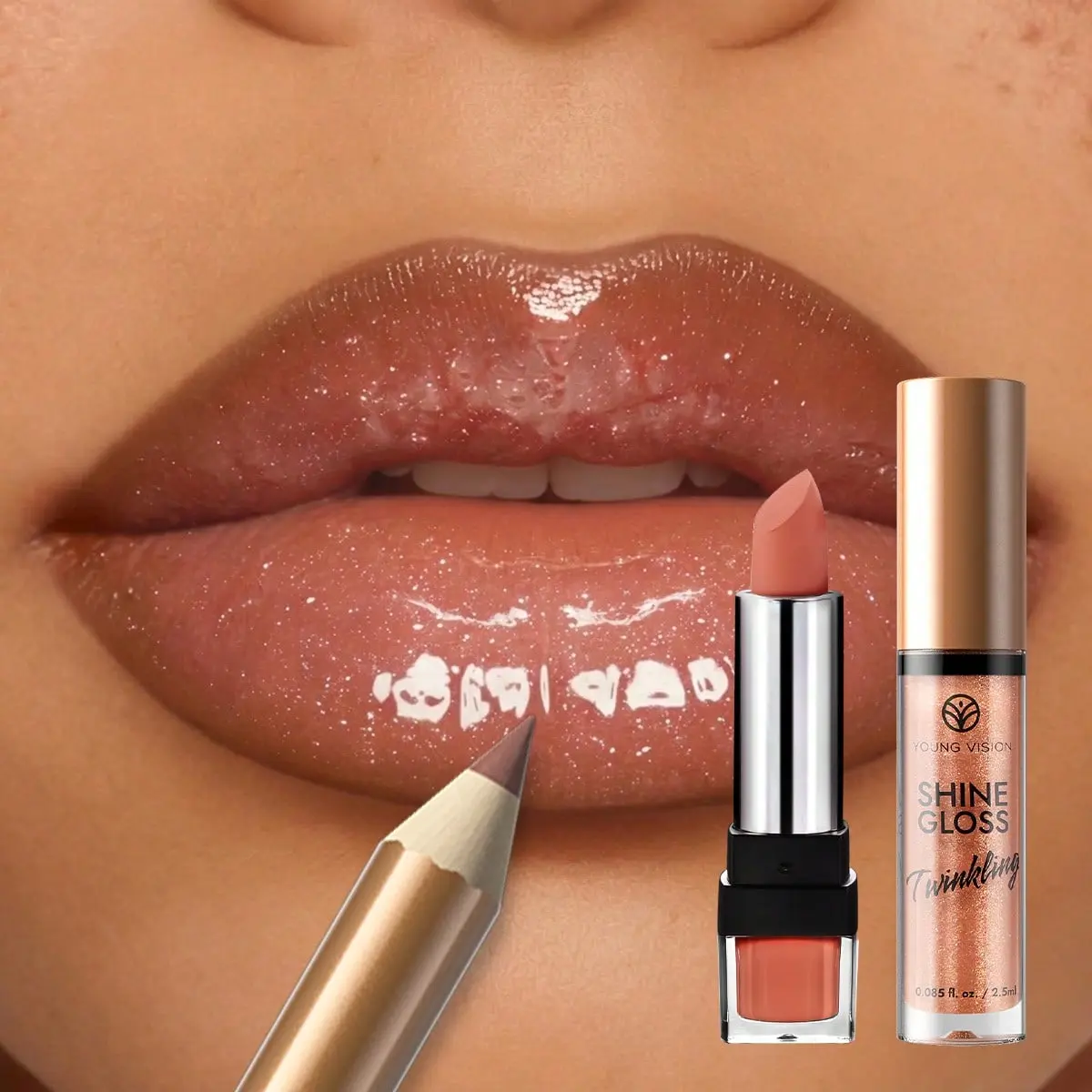 3Pcs Lipcombo Set, Matte Lipstick + Waterproof Lip Liner Pencil + Shimmer Glitter Lip Gloss Kit, Long Lasting Non-Stick Cup Plumping Glossy Lip Cosmetic For Daily Party Makeup Gift
