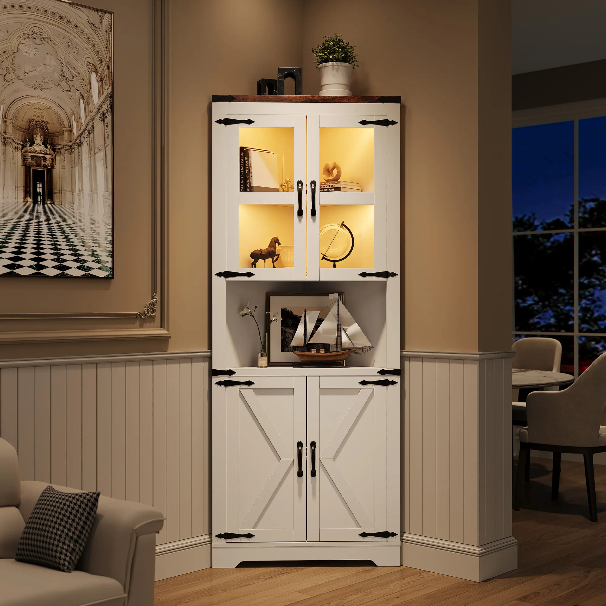 Lighted Farmhouse Corner Storage Cabinet - Tall Space-Saving Organizer with Adjustable Shelves, Glass Door - Entryway Display Unit for Living Room, Kitchen, Bathroom - Washed Grey Finish