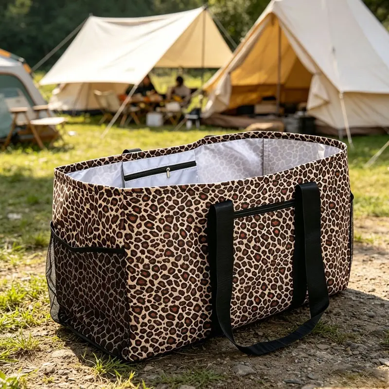 1pc Leopard Print Travel Clothes Storage Bag Waterproof Gym Bag, Outdoor Travel Bag for Women Large Capacity Camping Tote Bag Handheld Shopping Shoulder Bag Multi-Pocket Organizer Pouches Foldable Laundry Basket
