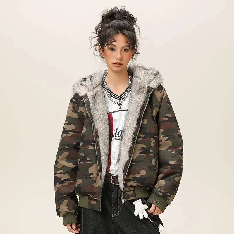 Women's Retro Camo Hooded Coat with Large Faux Fur Collar, Thick Fleece Lined Warm Jacket, Loose Drop Shoulder High Street Outerwear for Fall & Winter