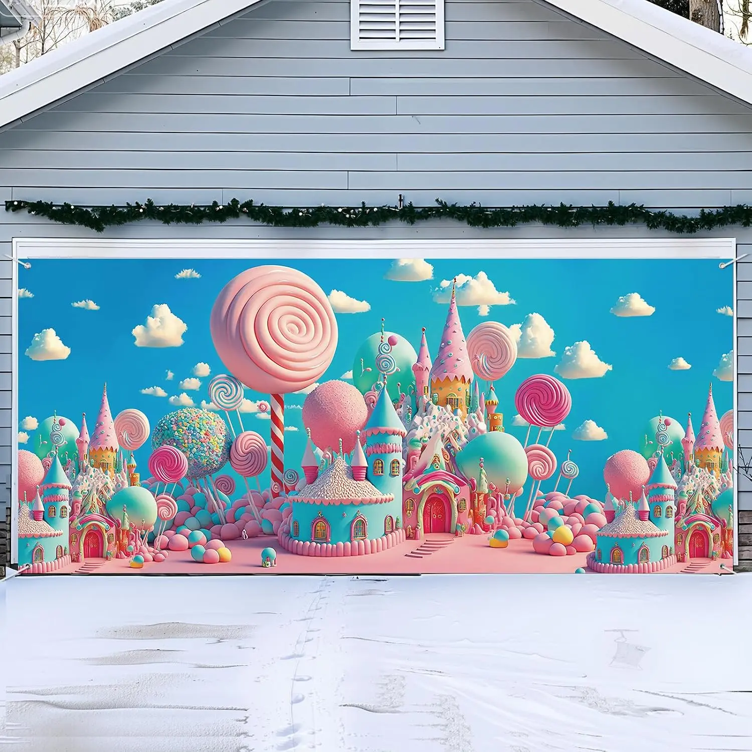 16 x 7 ft Christmas Candy Land Garage Door Cover Decorations  Pastel Xmas Outdoor Door Banner Backdrop Colorful  Garage Cover for Christmas Eve Holiday Party Decor Supplies