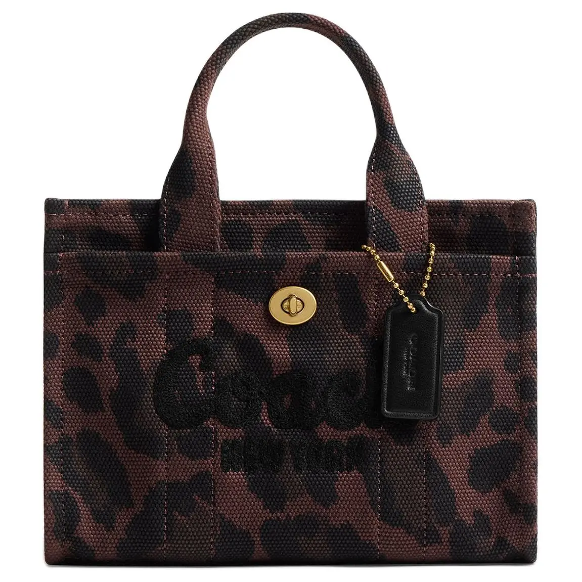COACH Cargo 20 Leopard Print Tote Bag for Women – Small Fabric Shoulder Handbag in Dark Brown