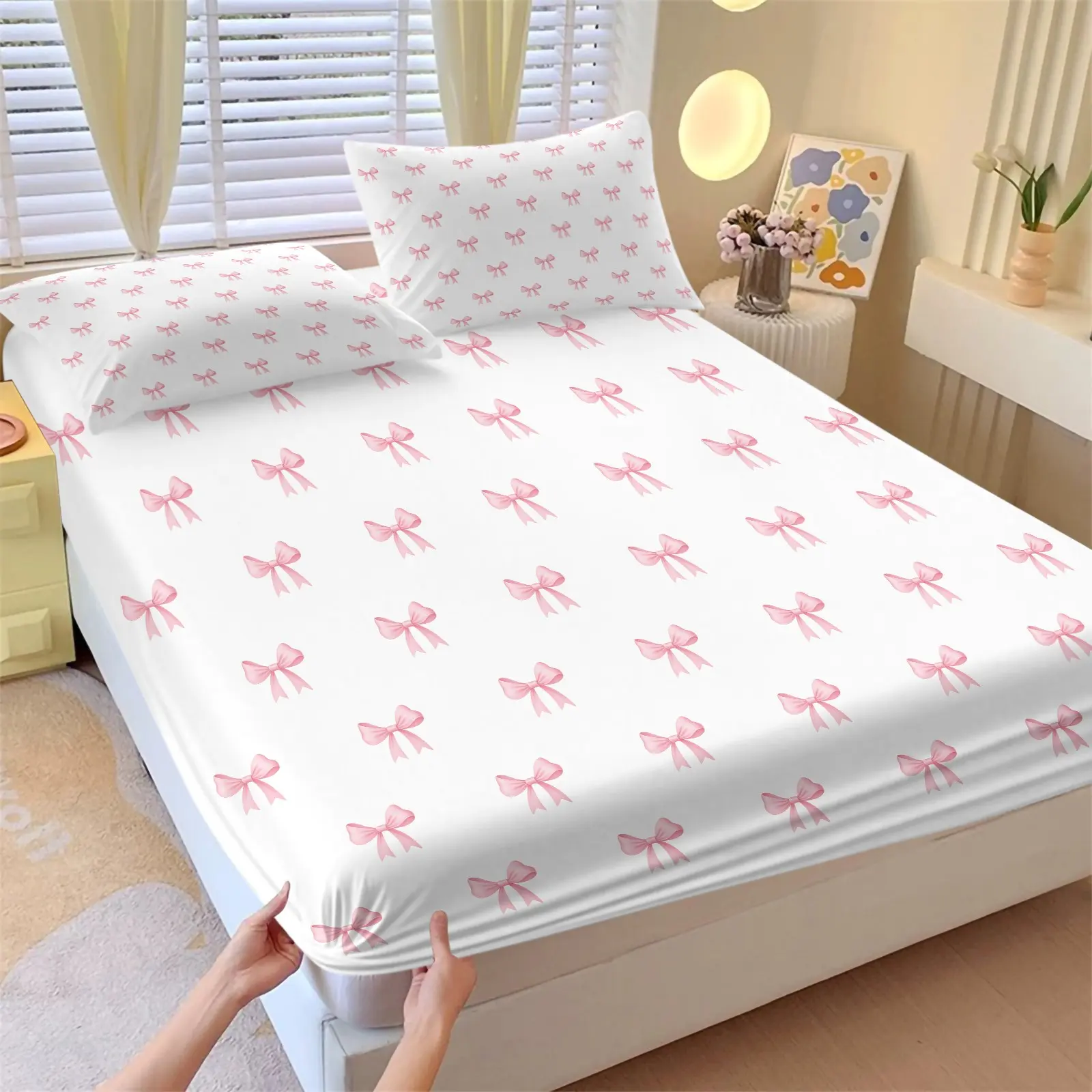 Cartoon Bowknot Kids Fitted Sheet Set 3 Piece, Pink Bow Tie Butterfly Knot Princess Bedding Set, Girls Women Room Decor, Watercolor Bow Patchwork Pink White Bed Sheet, 2 Pillowcase+1 Fitted Sheet