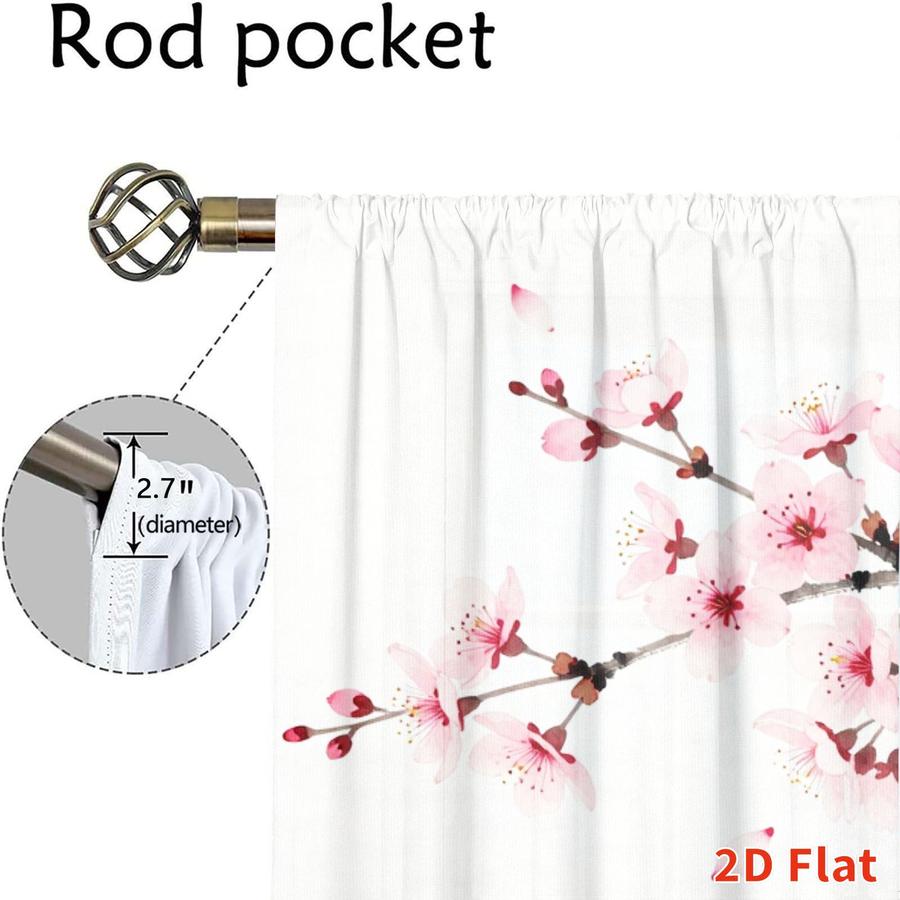 2 Pcs Japanese Style Cherry Blossom Pattern Sun Blocking Curtains Digital Printed Rod Pocket for Bedroom Office Kitchen Living Room Study Home Decor