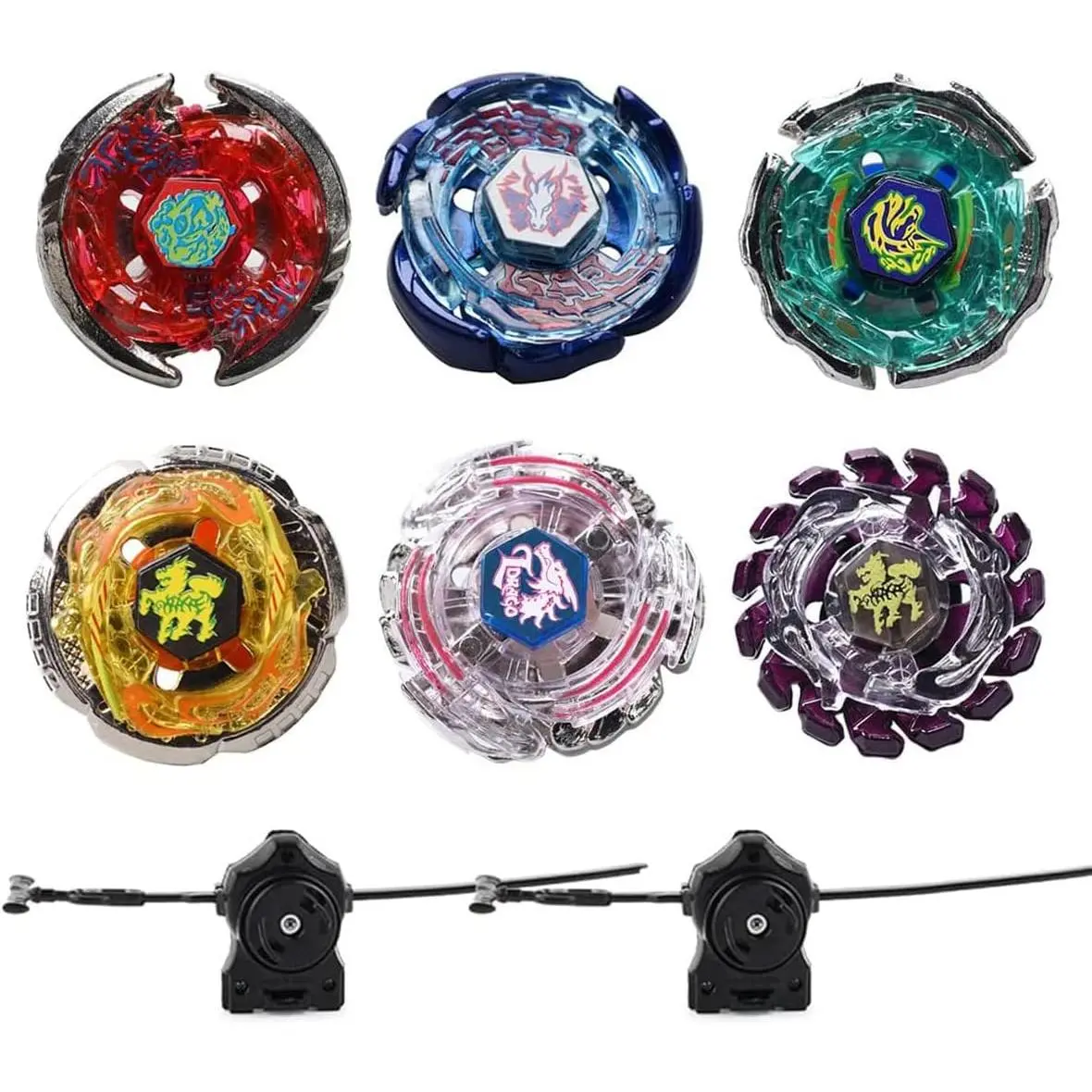 6 Pack Burst Battling Metal Tops Starter Set with Stickers & Two Launchers