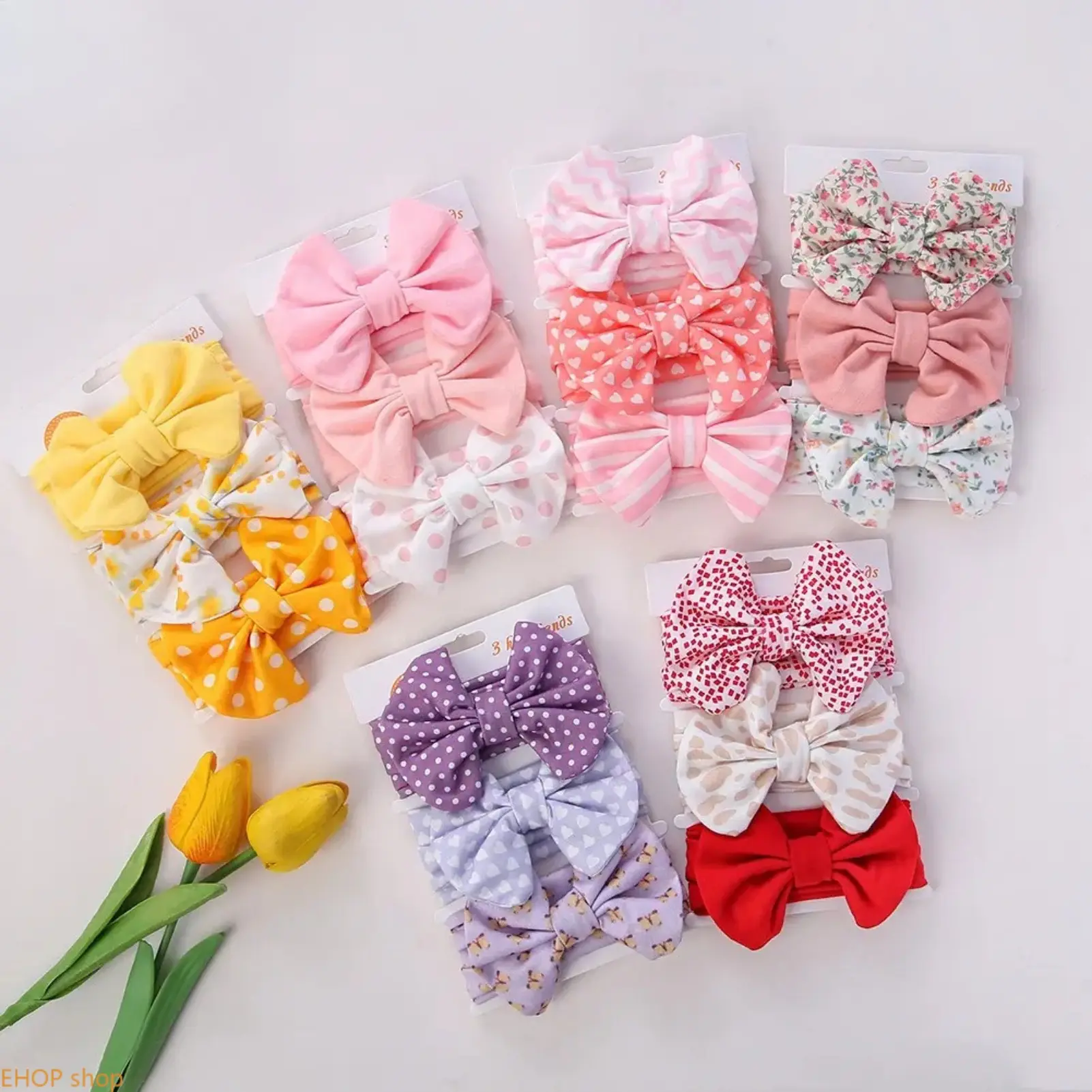 3Pcs Baby Girl Bow Headbands Set Floral & Polka Dot Stretchy Nylon Hair Bands Soft Big Bow Hair Accessories for Newborn Infants Toddlers Baby Shower Birthday Photoshoot Daily Wear Comfortable Lightweight Baby Hair Accessories Gift Set for Girls