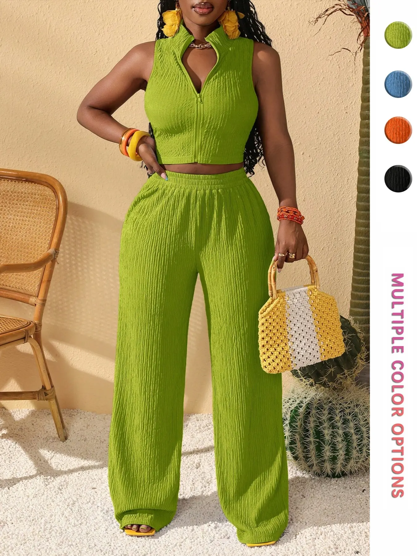 Women's Summer Two-Piece Set Lightweight High-Waisted Casual Chic Long Pants + Zipper Short Sleeveless Tank Top, Streetwear Vacation Style, Casual Outfit Set